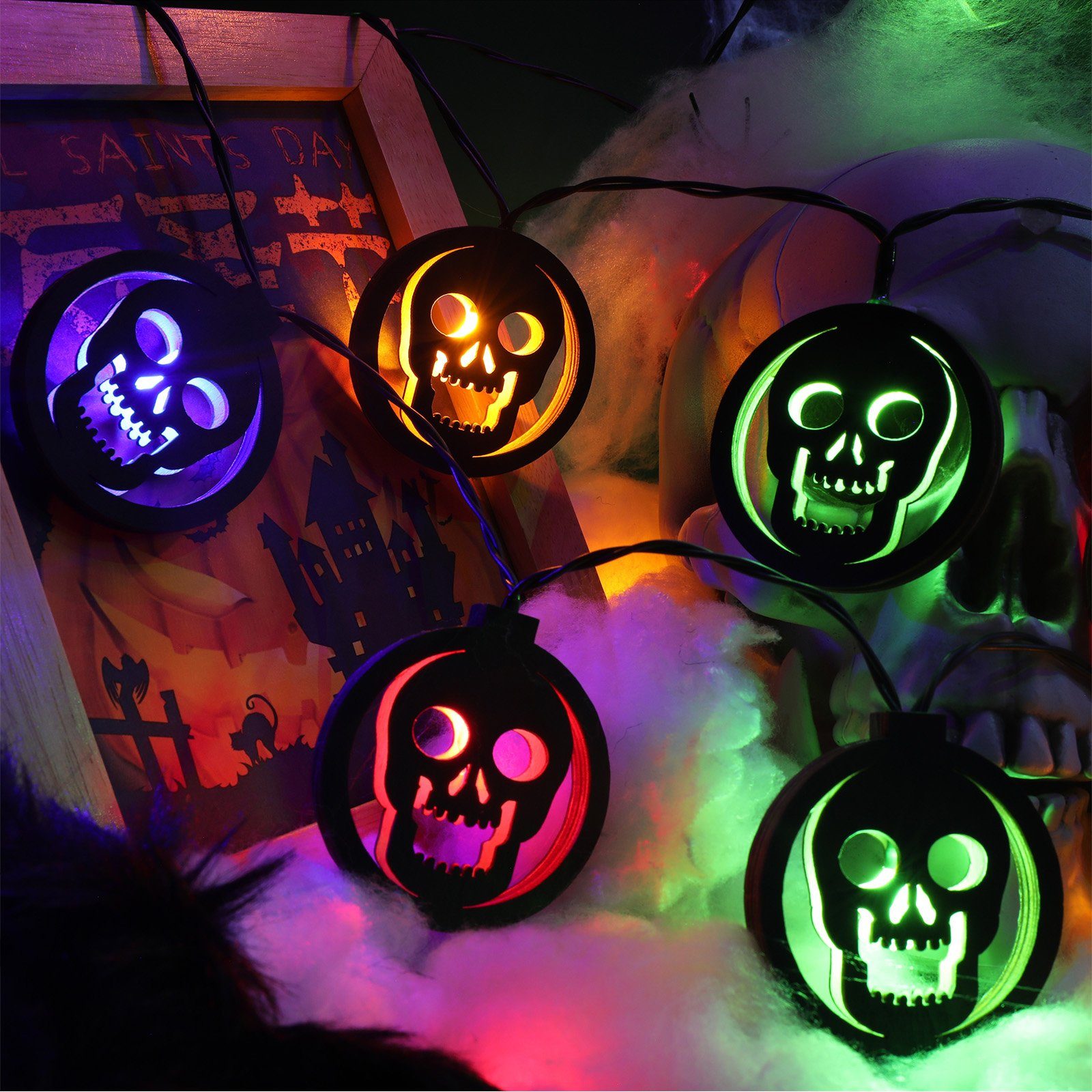 Rosnek LED-Lichterkette 3M, Fledermaus Skelett Hexe, Batterie, für Halloween Party Home Deko