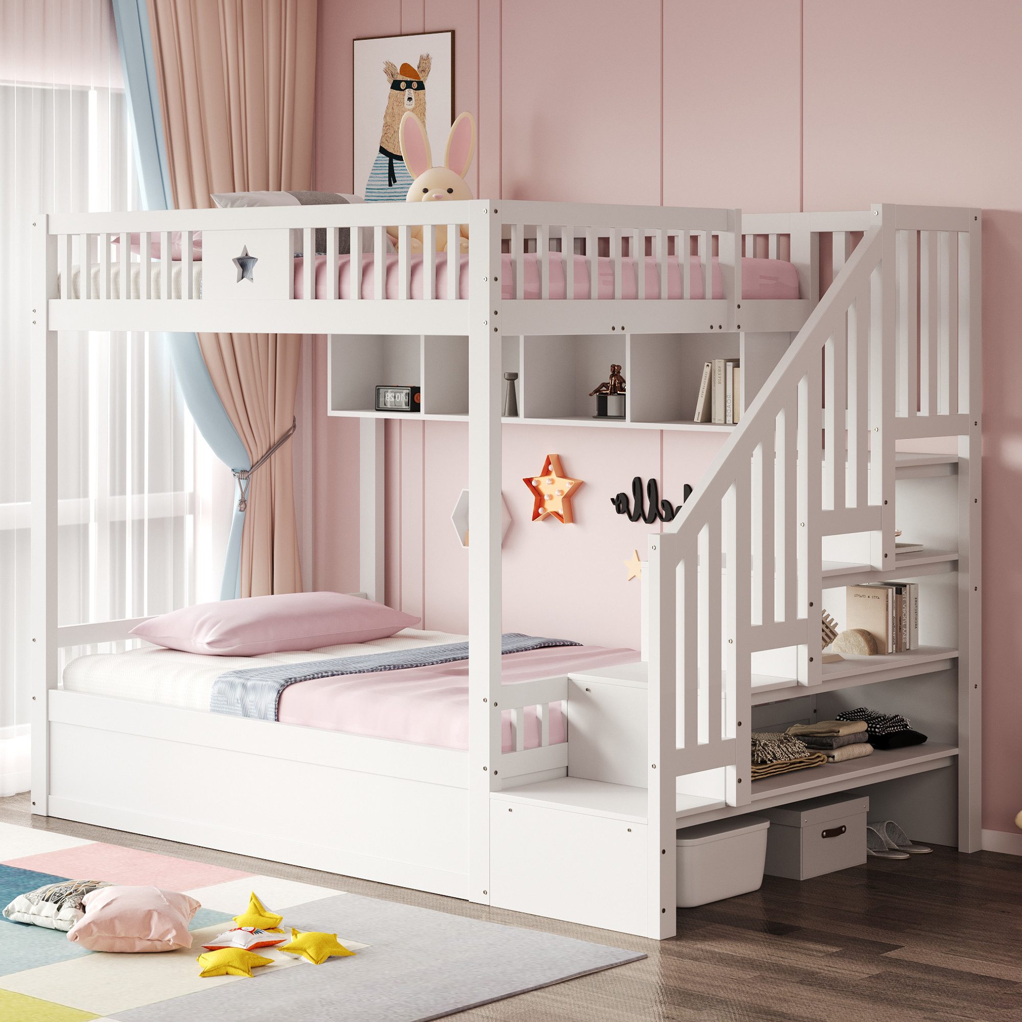 Merax Etagenbett mit hydraulischem Unterbett (1-St., Stockbett Jugendbett Doppelbett Hochbett aus Massivholz), Kinderbett 140x200cm mit Stauraumtreppe, Regalen  – Bild 3 von 5