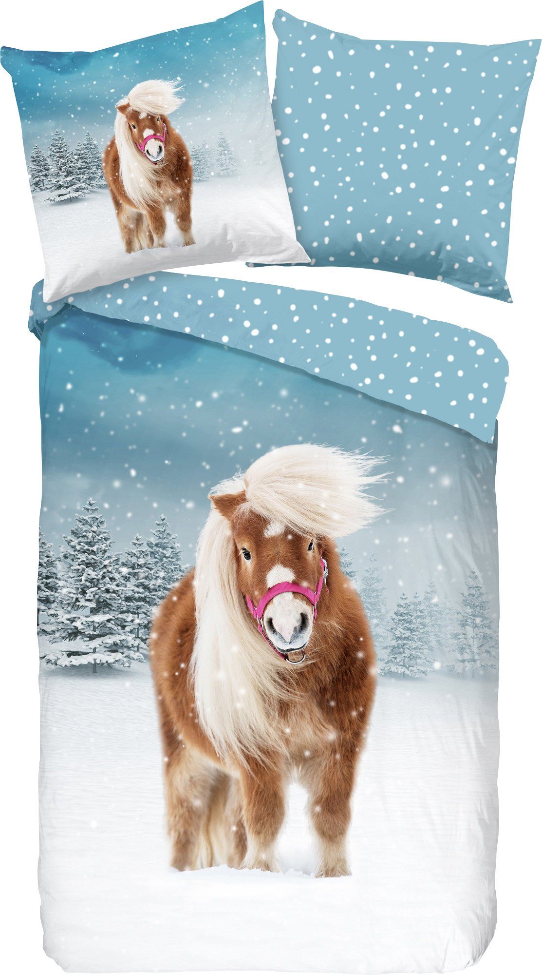 Kinderbettwäsche Sweet Winter Horse, good morning, Biber, Flanell, 2 teilig, 100 Baumwolle