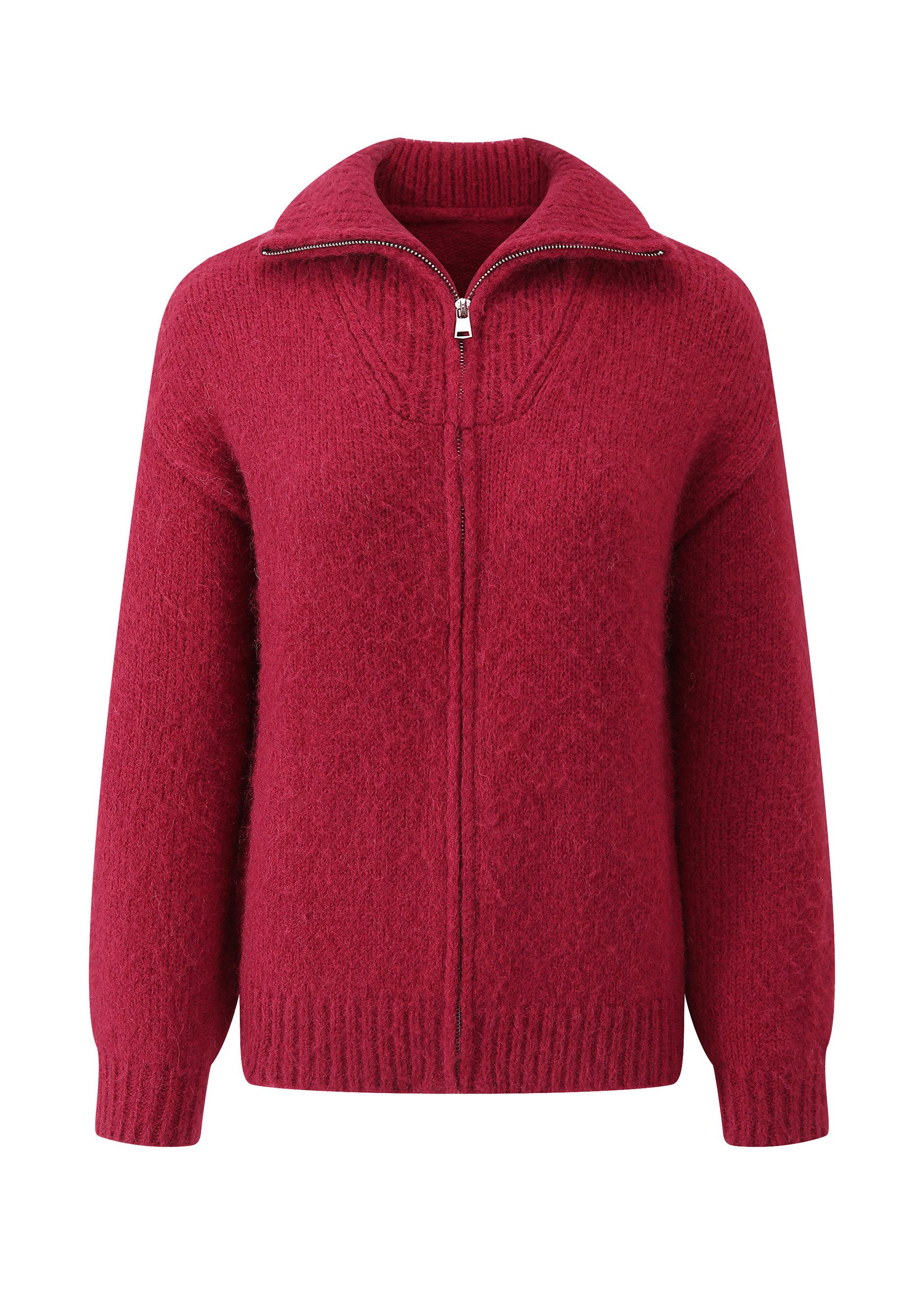 SASSYCLASSY Cardigan Cardigan mit Reißverschluss für Damen Weiche Strickjacke mit modernem Kragen Taupe Offwhite Burgundy