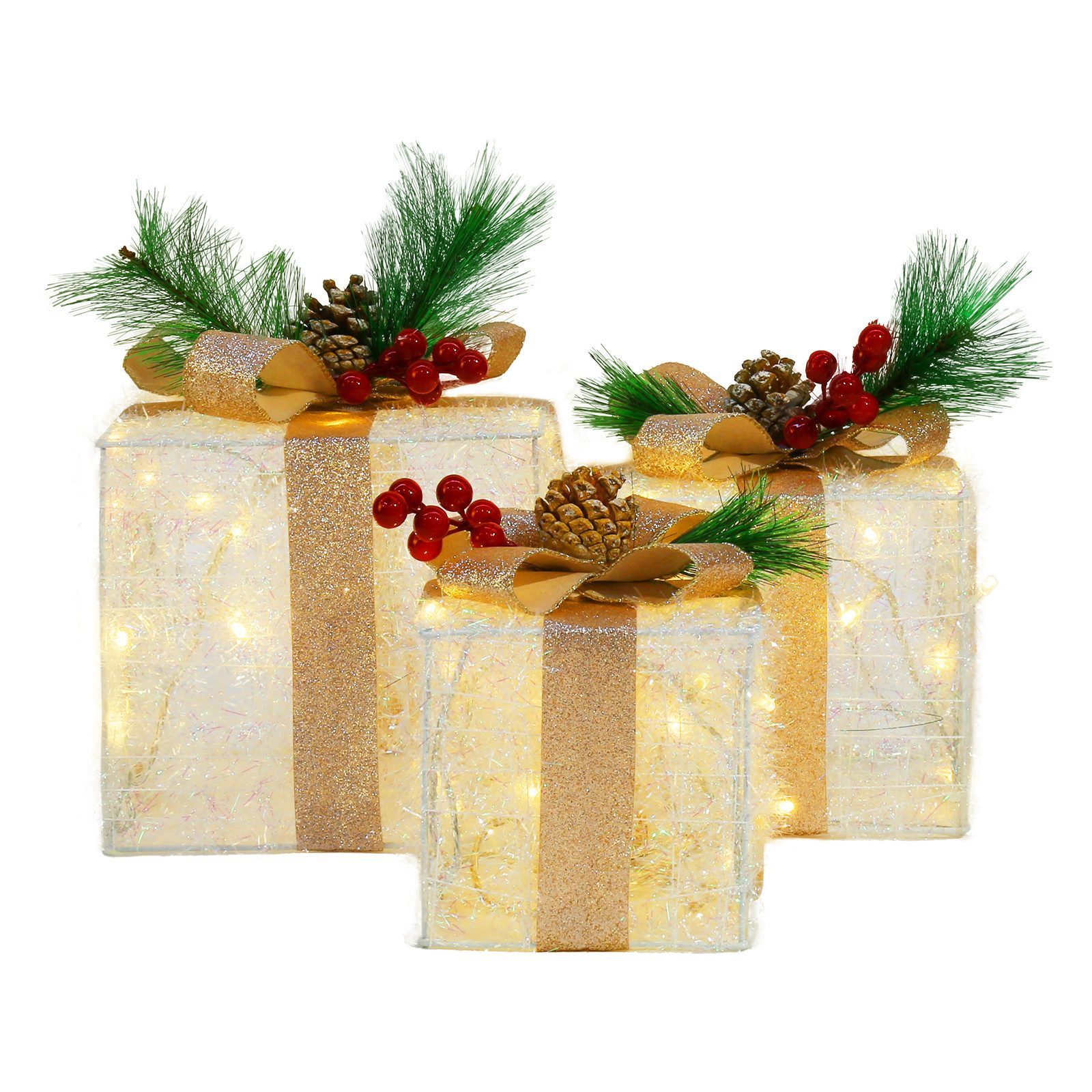Elegear LED Dekolicht 3er-Set LED Geschenkbox Weihnachten mit 60/117/140 LEDs, LED wechselbar, Tageslichtweiß, Warmweiß, Kaltweiß, Geschenkbox Weihnachtsdeko für Weihnachtsbaum/Fensterbank/Regal