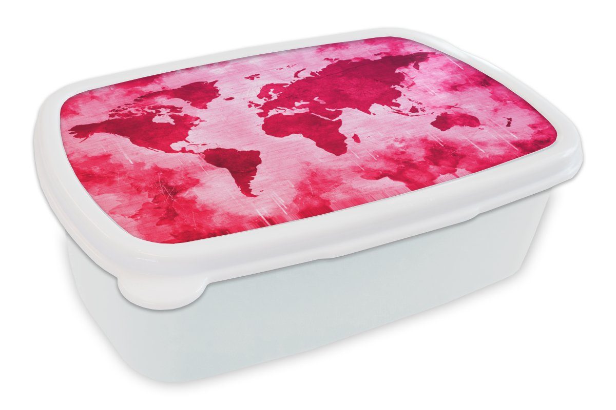 MuchoWow Lunchbox Weltkarte - Rot - Rosa, Kunststoff, (2-tlg), Brotbox für Kinder und Erwachsene, Brotdose, für Jungs und Mädchen weiß | Lunchboxen
