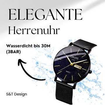 S&T Design Quarzuhr Herren Armbanduhr Herrenuhr Männeruhren Luxusuhr Schwarz, (inkl. Geschenketui, Werkzeug zum verstellen), Datum Männer Geschenk