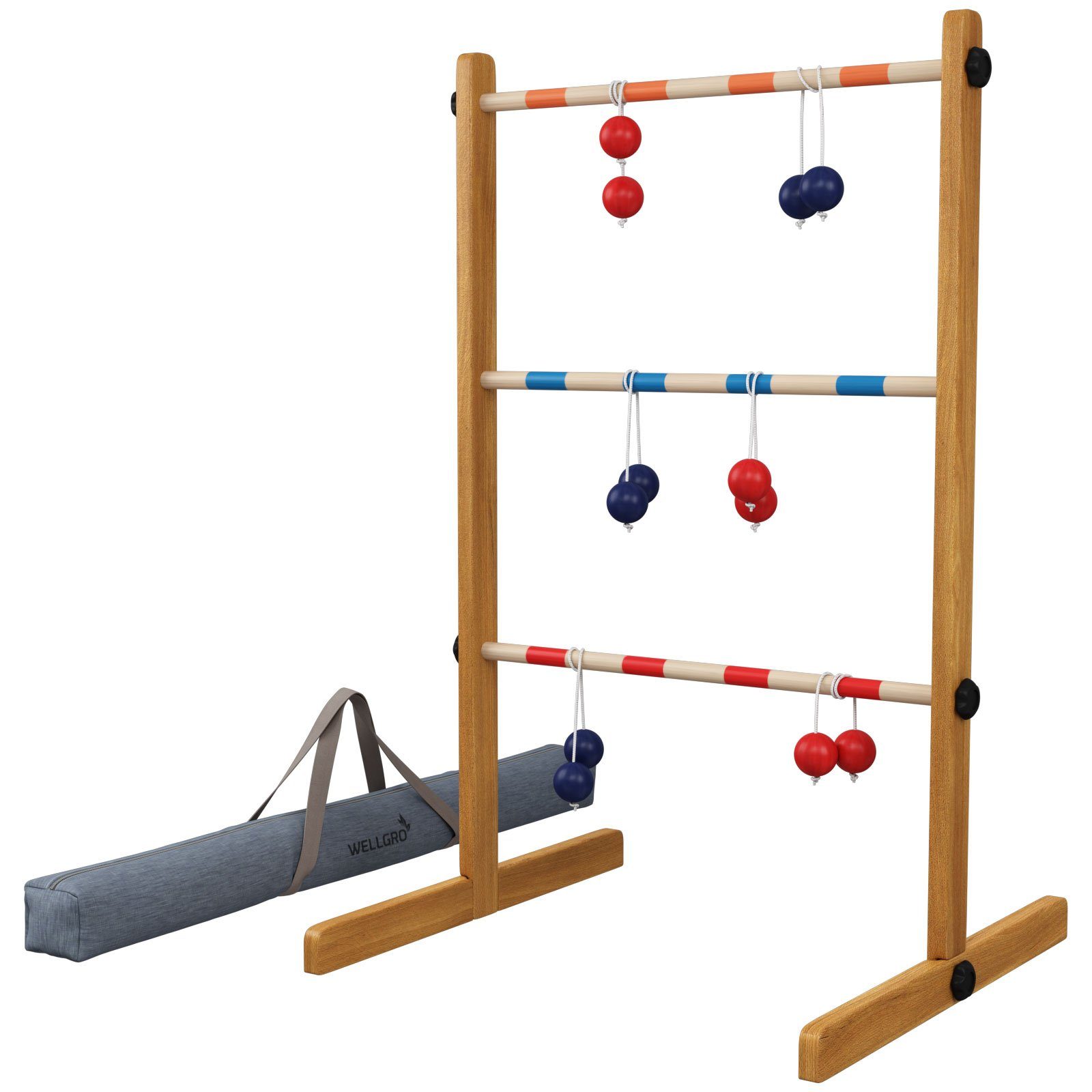 Wellgro Leitergolf aus Holz, Wurfspiel, Aufbewahrungstasche Spielbausteine