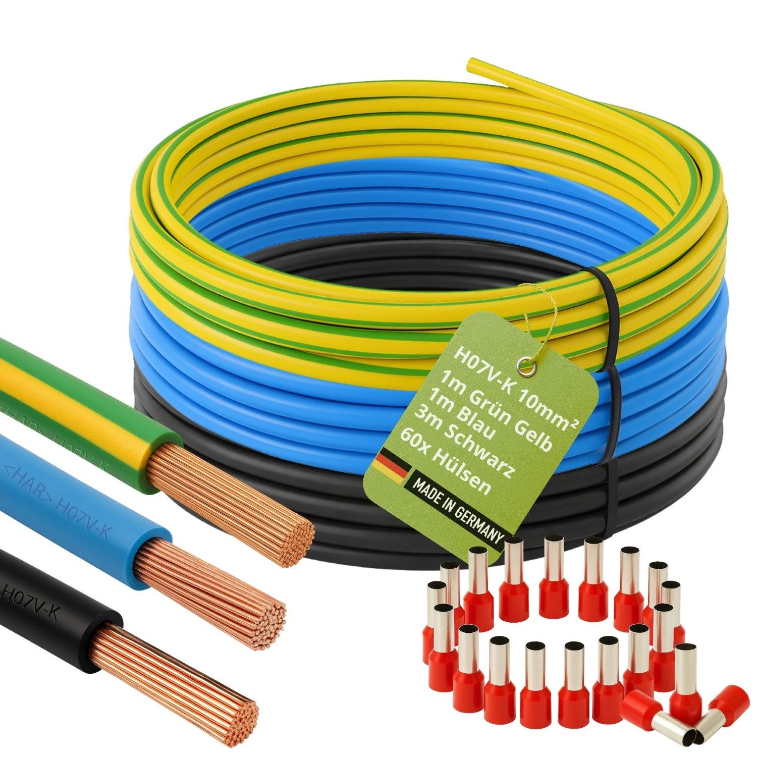 INVOLT H07V-K 10mm² Verdrahtungsleitung Set: 1m Schwarz, Blau + 3m Grün-Gelb Stromkabel