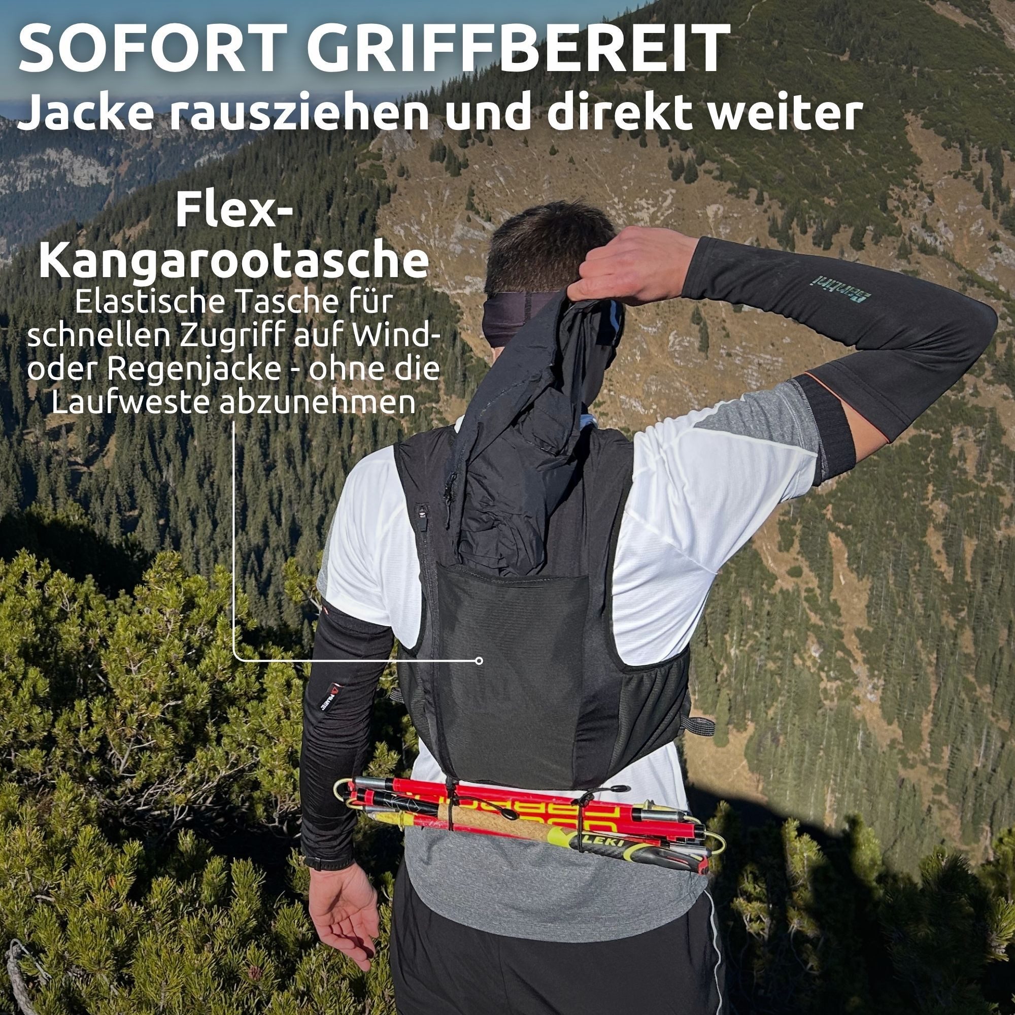Conquer. Trinkrucksack 5L Damen & Herren – Ultraleichte Laufweste, Laufrucksack, Kangoroofach, Fronttaschen, Reißverschlussfach