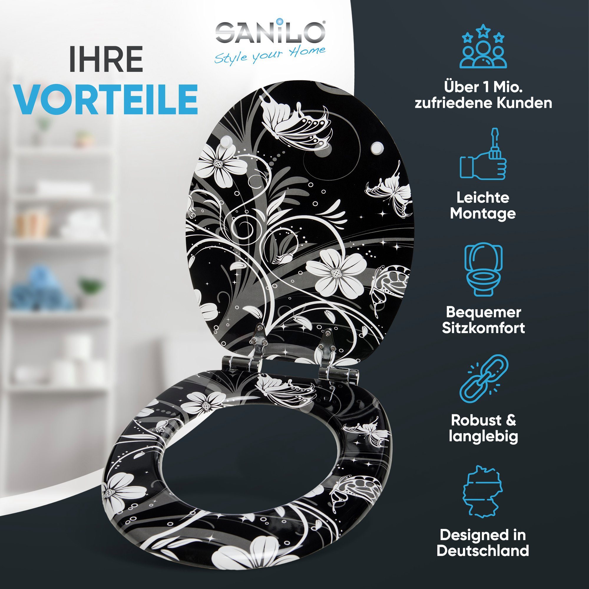 Sanilo WC-Sitz White Flower mit Absenkautomatik, Toilettendeckel vom Hersteller, hochwertig & moderner Klodeckel mit Motiv, universell, leichte Montage