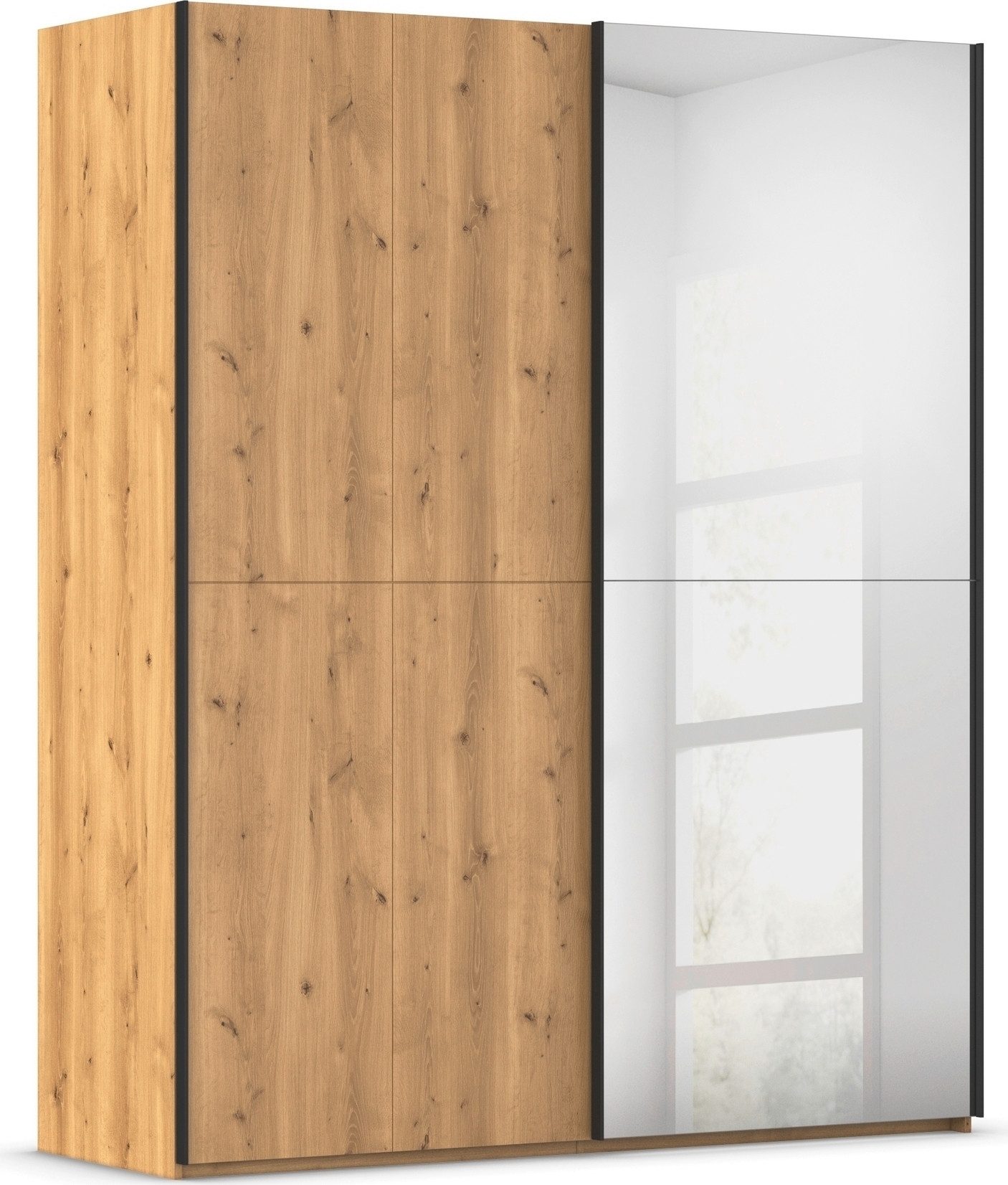 rauch Schwebetürenschrank Kleiderschrank Schrank Garderobe Schlafzimmerschrank SCALE-WOOD edle geteilte Front in massiver Asteiche mit Spiegel MADE IN GERMANY