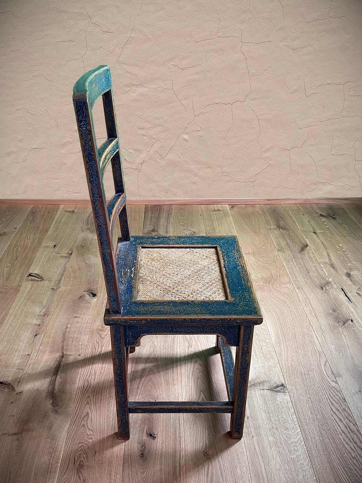 Vintage Rattan Asien Sitzfläche Holz Stuhl 4-Fußstuhl China LifeStyle mit