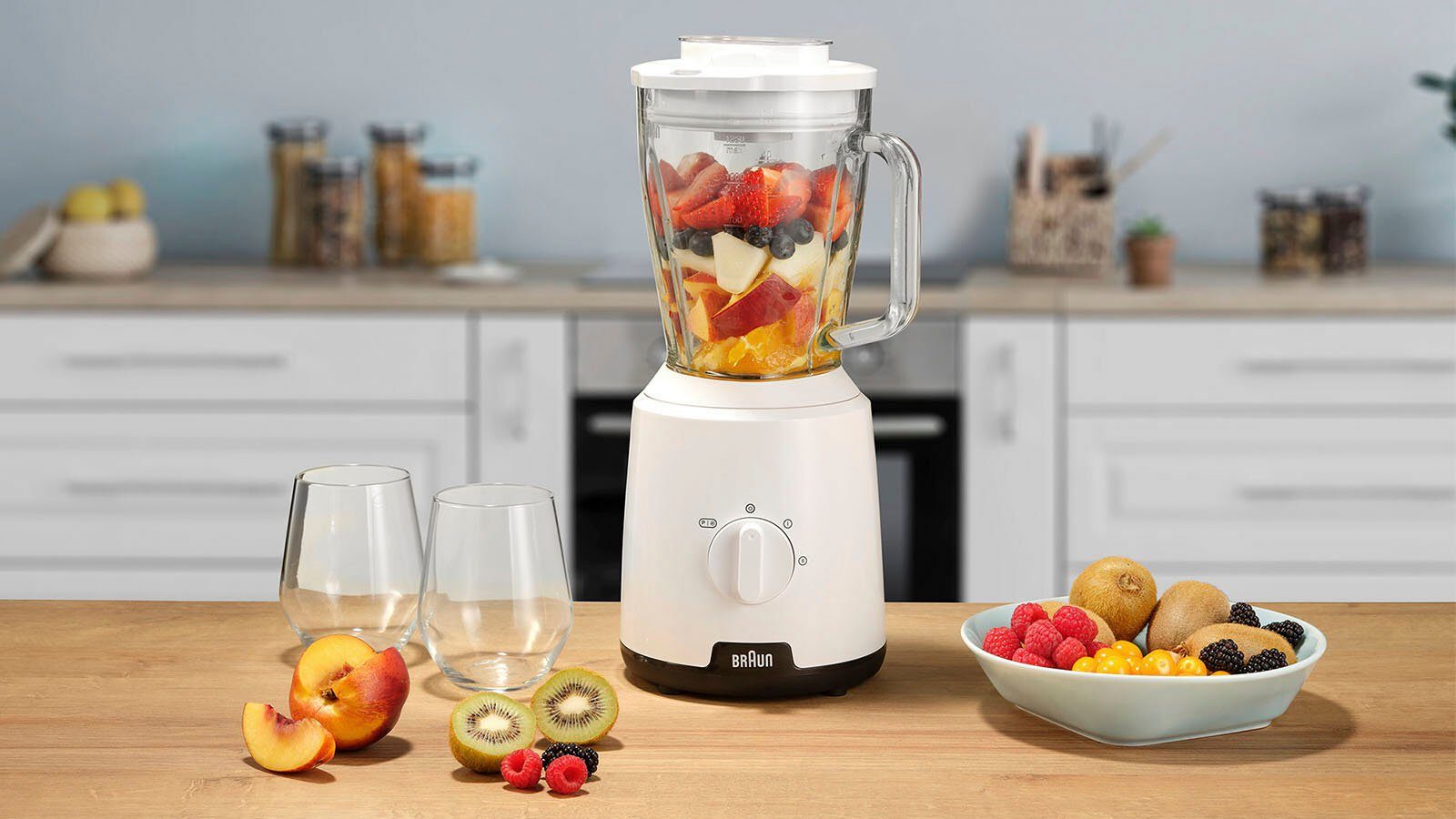 Braun Standmixer PowerBlend 1 JB 1050 WH - 600W, 2 Geschwindigkeiten, 1,5L, 2 Programme, 600 W, Glaskrug, Ice-Crush & Pulsfunktion, spülmaschinenfest – Bild 5 von 5