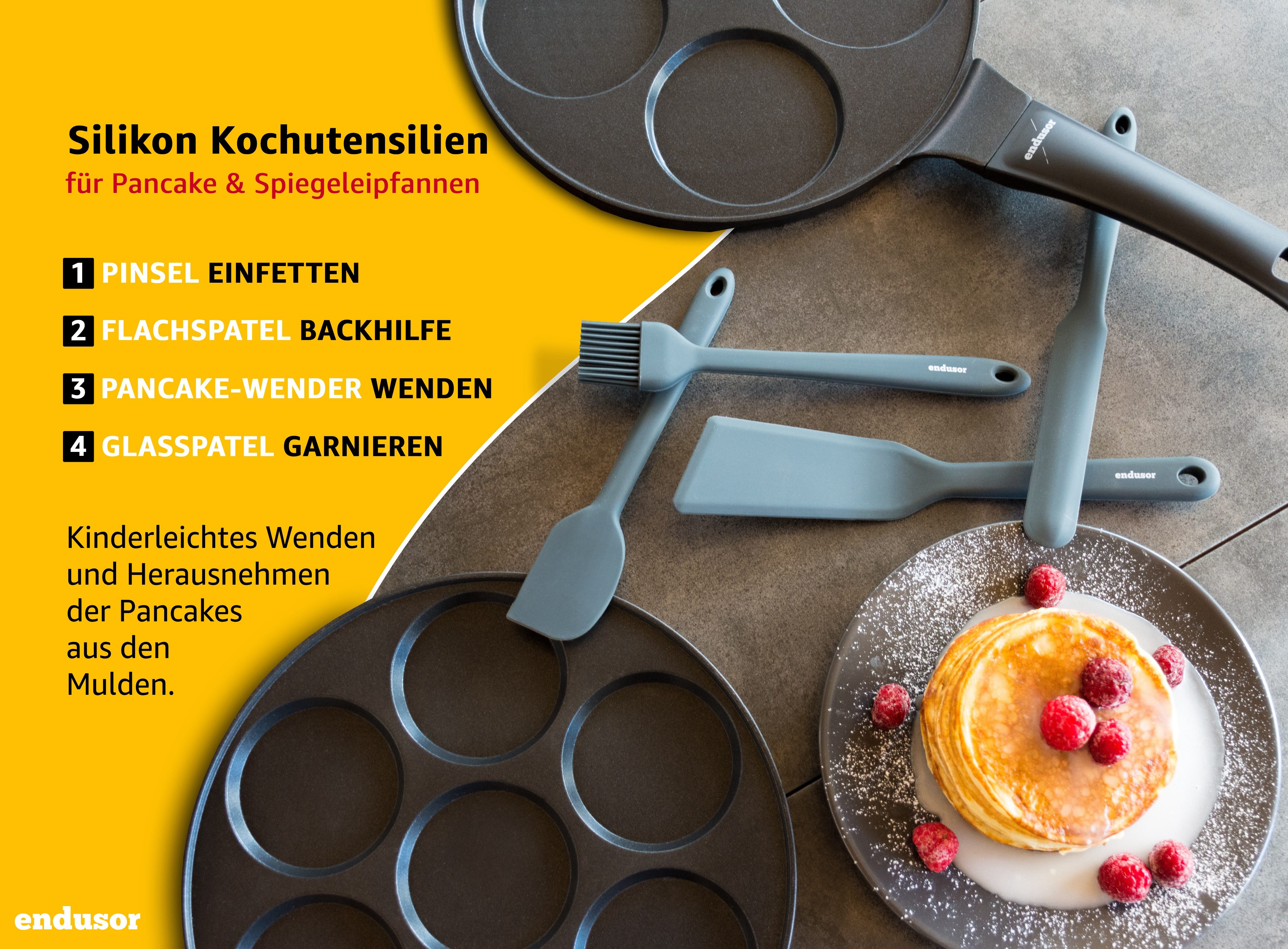 endusor Pfannenwender Silikon Spatel Set 4-teilig für Pancake & Spiegeleipfanne, Edelstahlkern, Hygienisches Silikon, Hitzeresistent bis 320°C