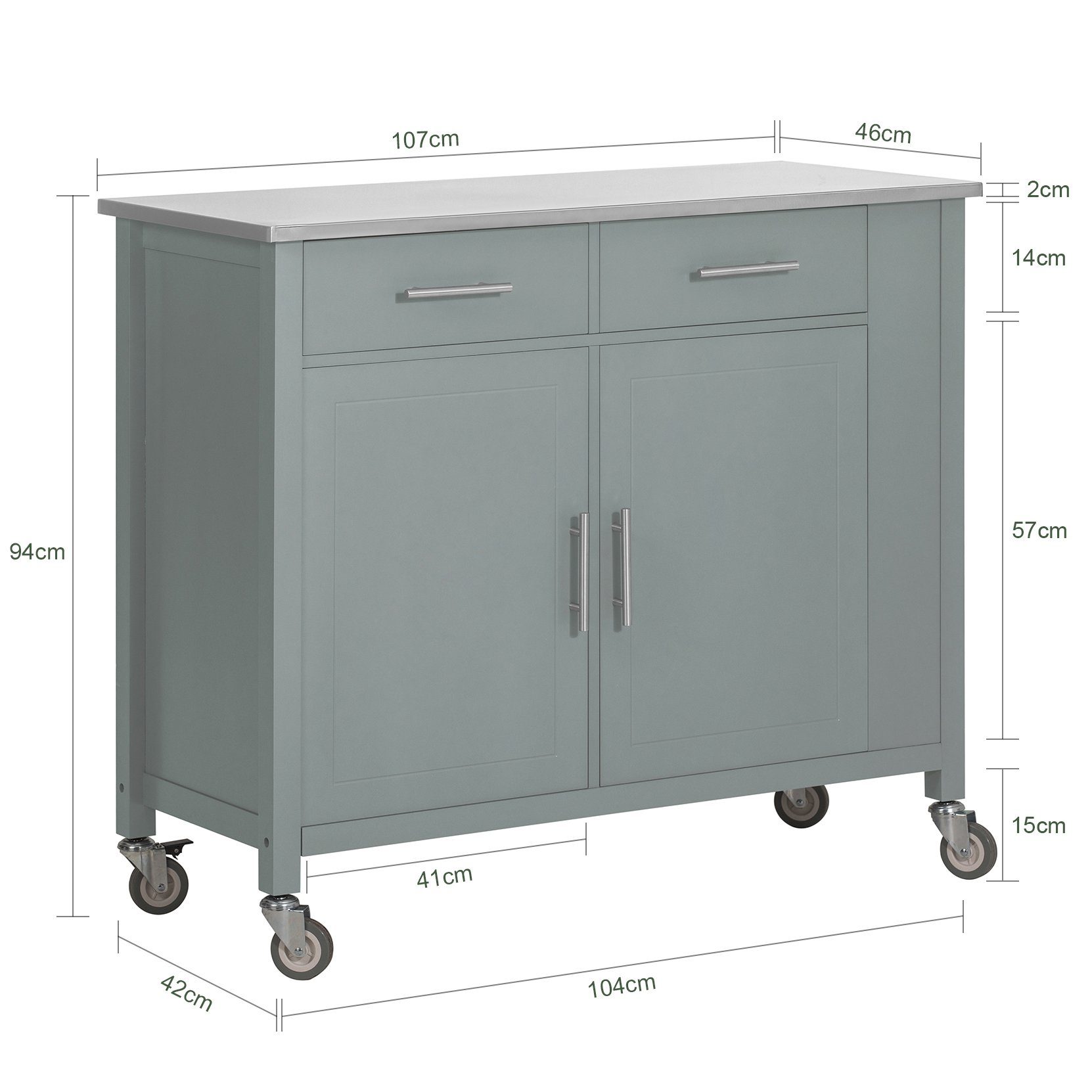 grau SoBuy FKW108, Kücheninsel mit Küchenschrank Küchenwagen Edelstahlplatte mit Seitenregal