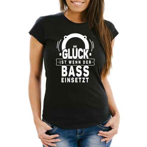 MoonWorks Print-Shirt Damen T-Shirt Spruch Motiv Glück ist wenn der Bass einsetzt Fun-Shirt Party Festival Techno Rave Oberteil Slim Fit Moonworks® mit Print
