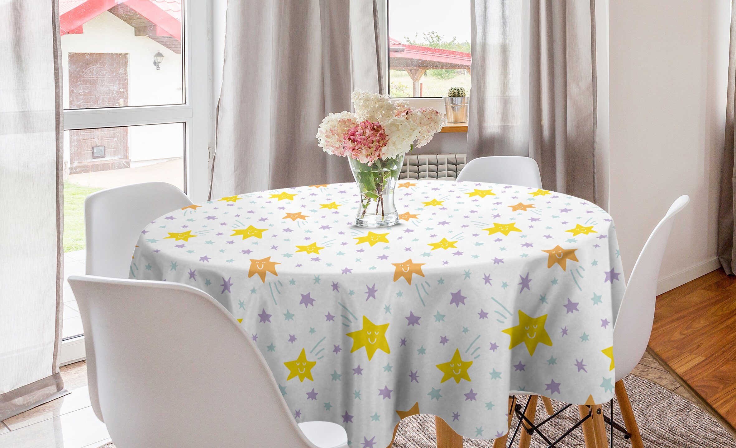 Abakuhaus Tischdecke Kreis Tischdecke Abdeckung für Esszimmer Küche Dekoration, Kindergarten Glückliche Pastell Sterne