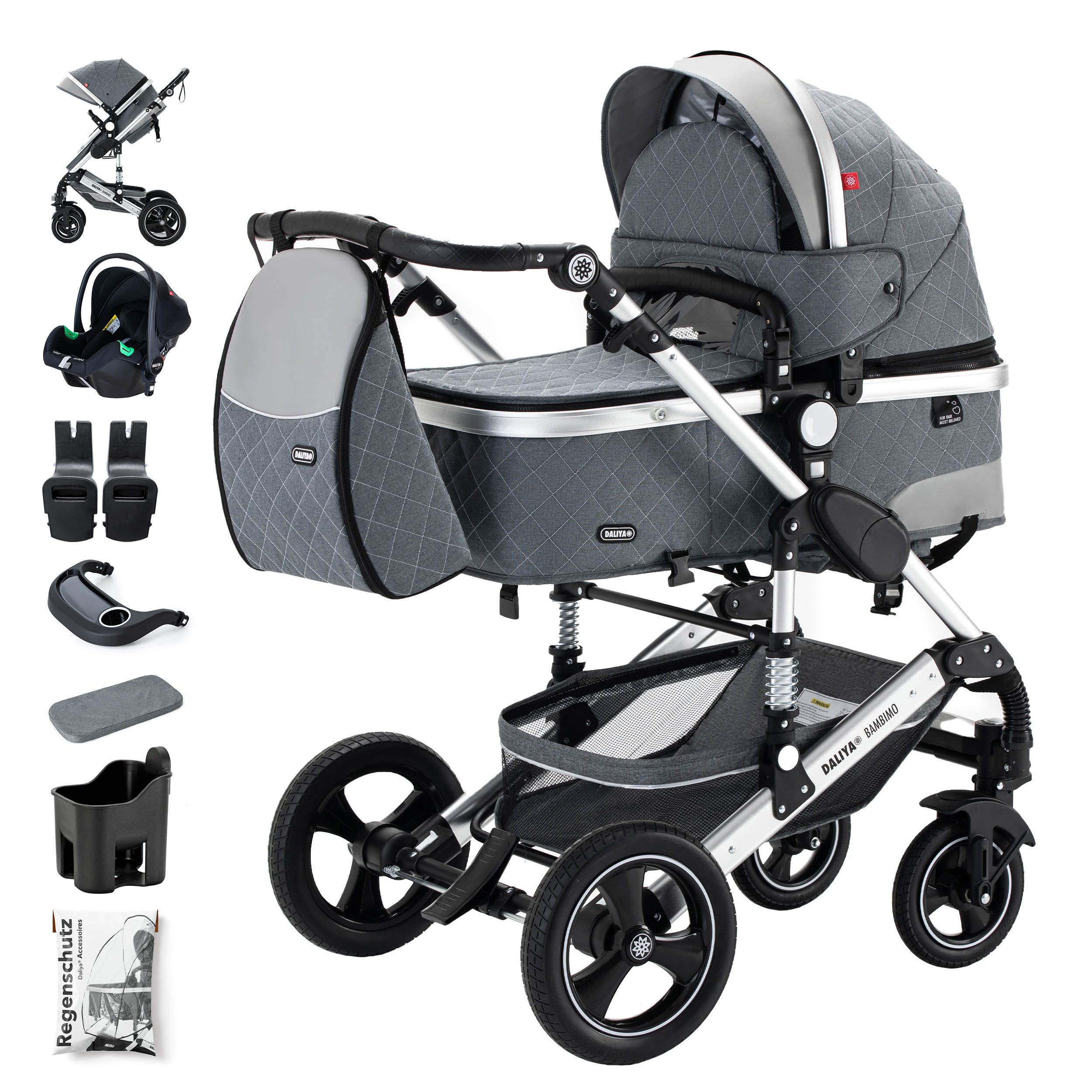 Daliya® Kombi-Kinderwagen BAMBIMO 3in1 Kinderwagen & Buggy mit Auto-Babyschale und Adapter, (XXL-Set inkl. Wickeltasche und Spieltisch, 15-tlg), Babyschale, Airless-Räder, Federung, weiche Matratze, Belüftungssystem