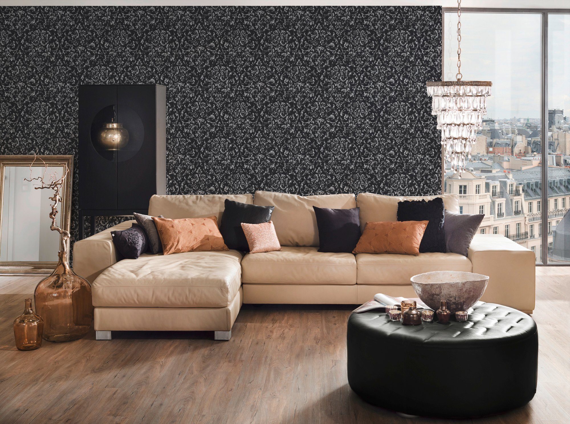 schwarz/silberfarben glänzend, Paper Silk, Tapete Architects Metallic Barock matt, Barock, Textiltapete samtig, Ornament