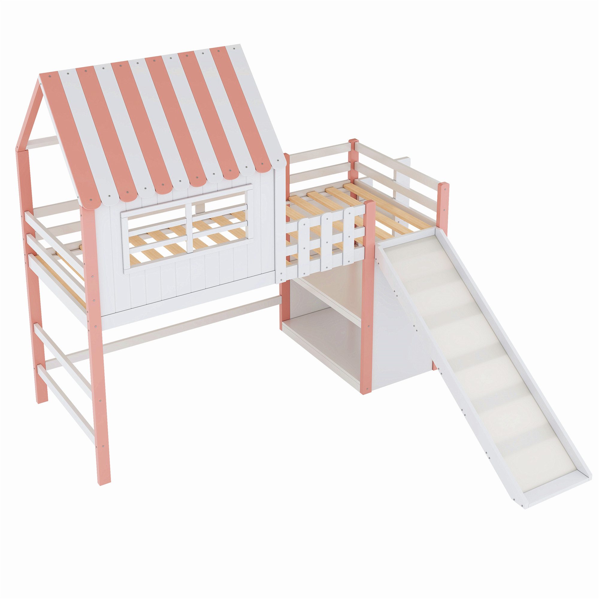 Merax Etagenbett (Massivholz, 1-St., Etagenbett Jugendbett Einzelbett Hausbett), Kinderbett 90x200cm mit Ablagefächer Rutsche Leiter Dach Fenster – Bild 5 von 5