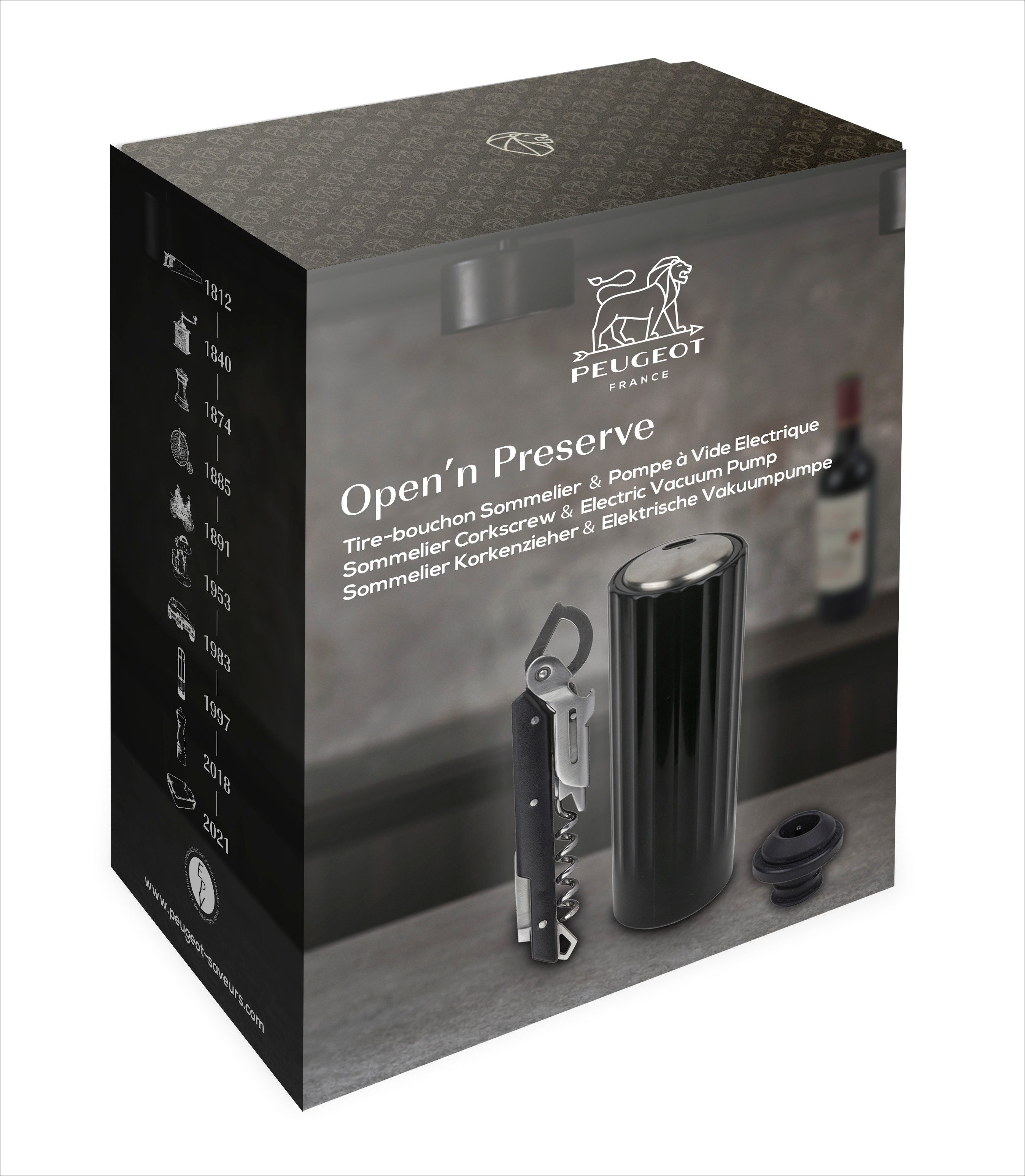 PEUGEOT Korkenzieher Geschenkset OPEN N' PRESERVE Korkenzieher und Elektrische Vakuumpumpe
