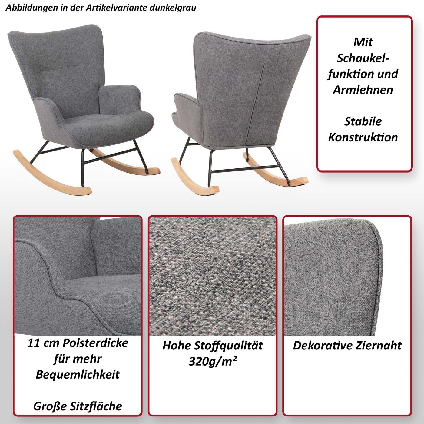 MCW Schaukelstuhl MCW-N14, Große Sitzfläche, Dekorative Ziernaht