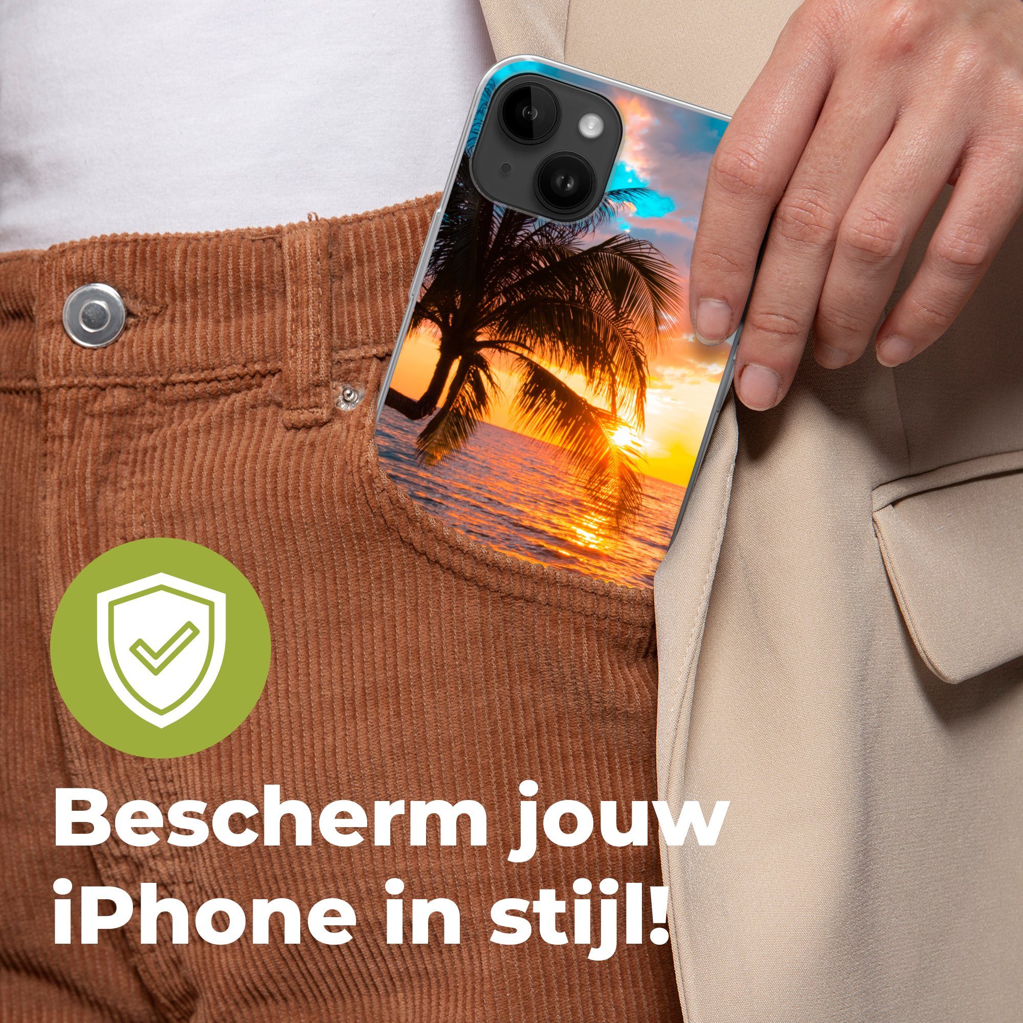 MuchoWow Handyhülle für Apple iPhone 14 Plus Palme - Sonnenuntergang - Horizont - Strand -, Smartphone-Bumper, Print, Handy Schutzhülle Dünn