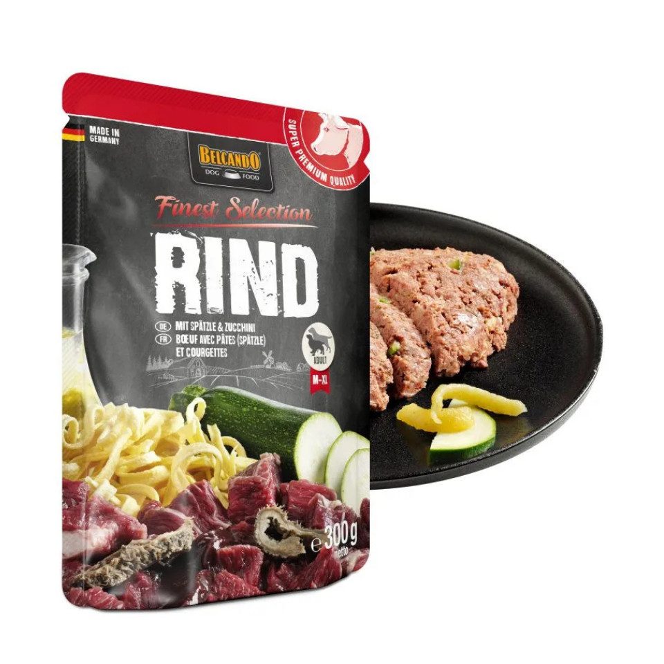 Belcando Rind mit Spätzle & Zucchini - Premium Nassfutter in Frischebeuteln 6x300g, Nassfutter für: Hunde
