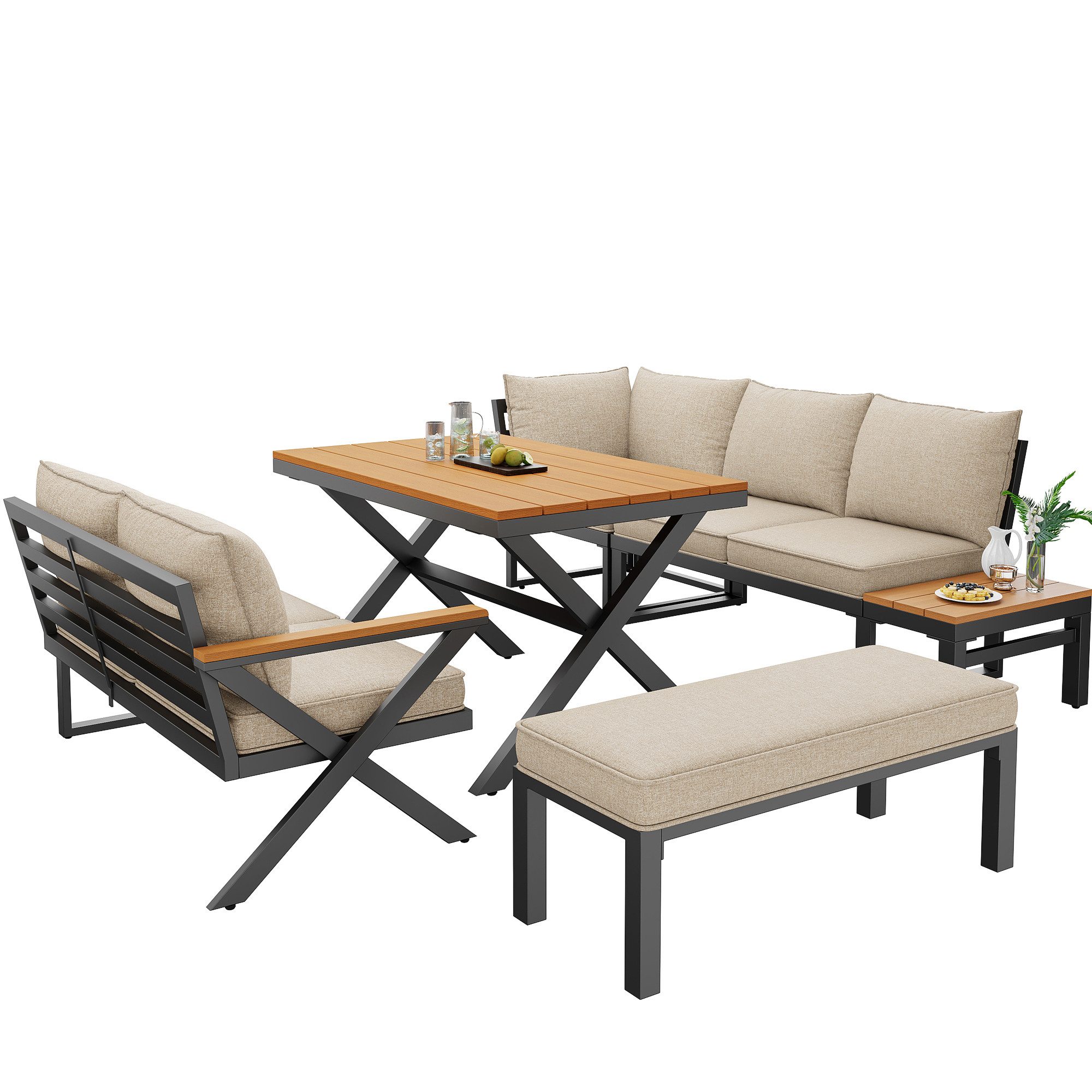 REDOM Gartenlounge-Set mit modernem X-Design, (robustem Metallrahmen, 10cm dicken Kissen und Holztischen, 1-tlg)