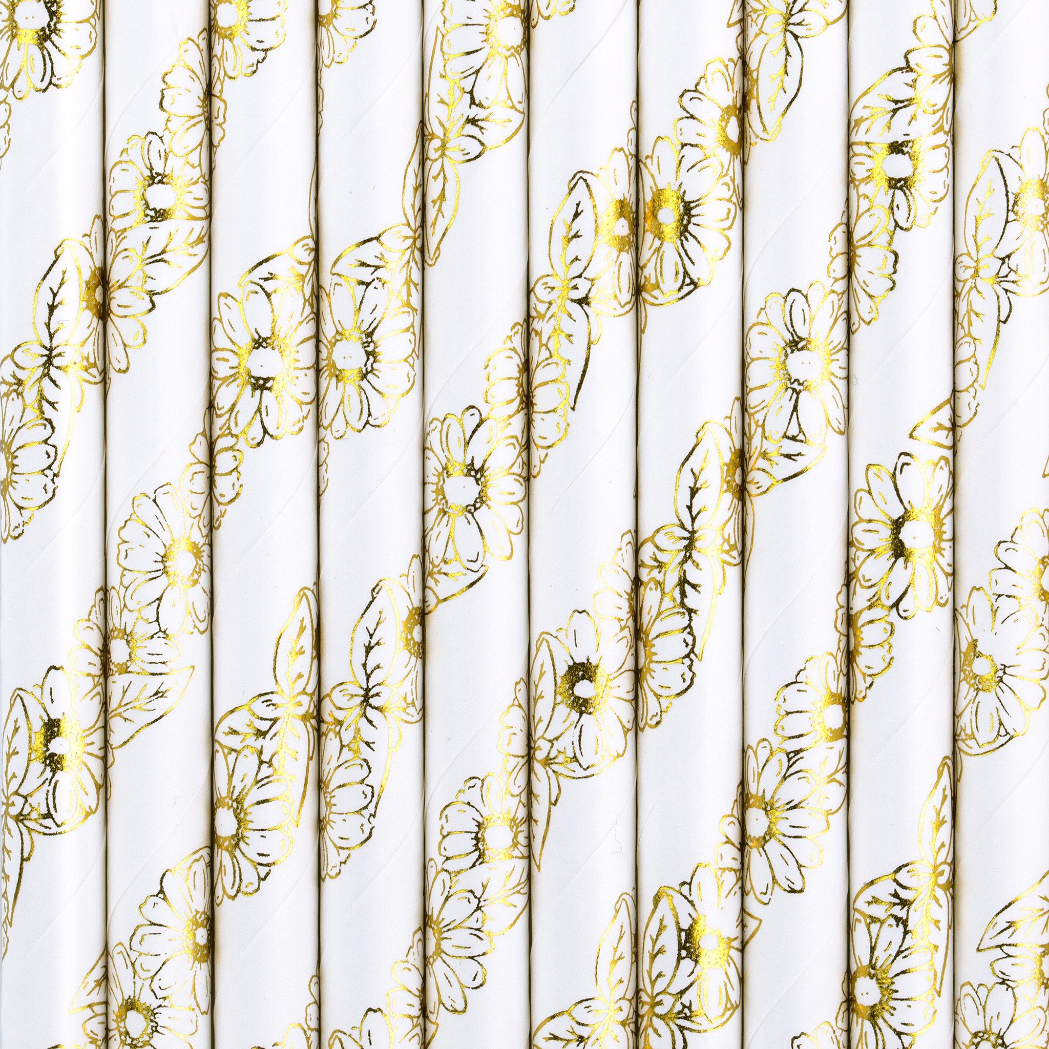 partydeco Trinkhalme, Papierstrohhalme 19cm mit Blumen Motiv 10er Set Weiß / Gold