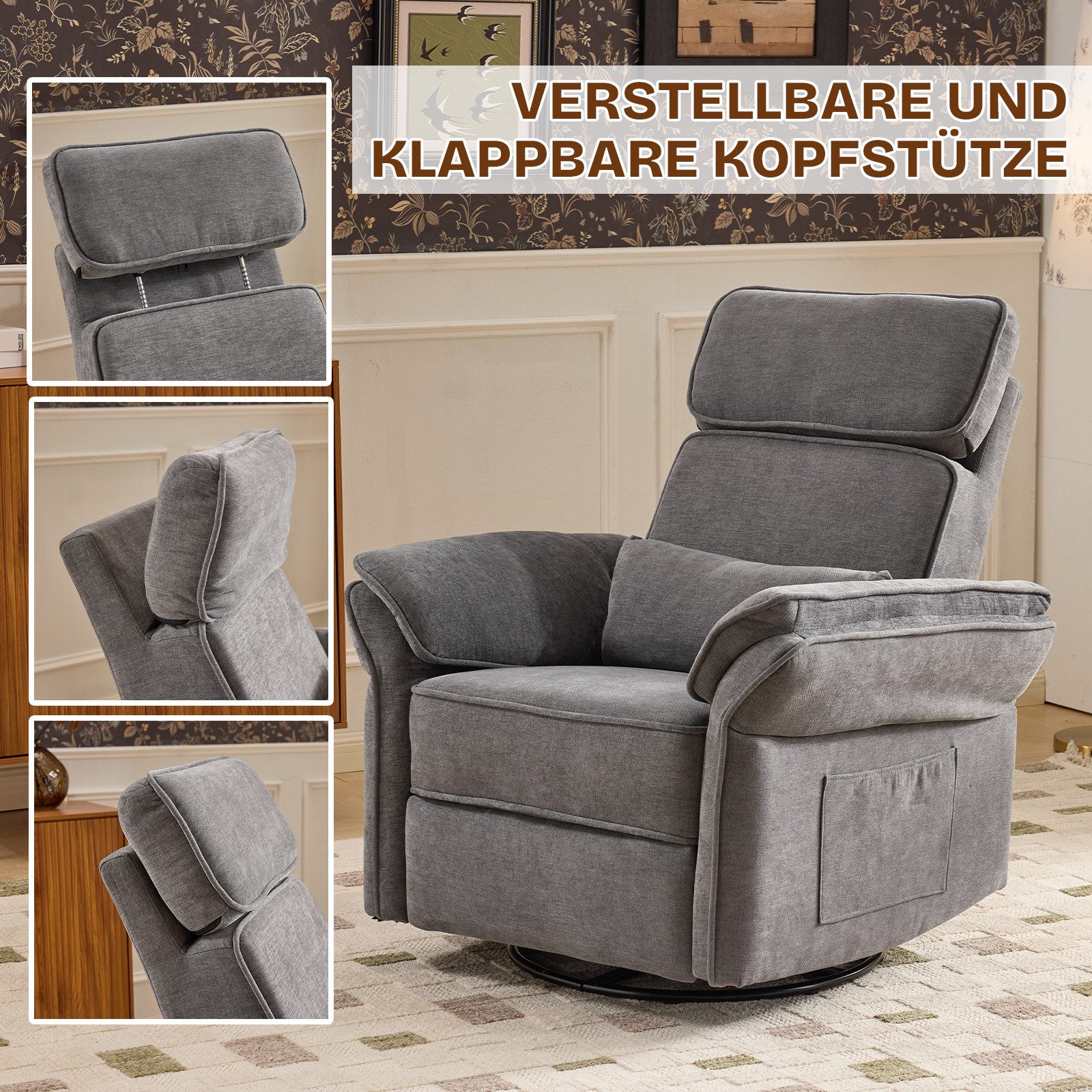 LALAHO Sessel Relaxsessel Fernsehsessel Liegesessel, Wippfunktion,Heizfunktion, Stillstuhl, verstellbare Kopfstütze und Armlehnen, USB, USB‑C – Bild 4 von 5