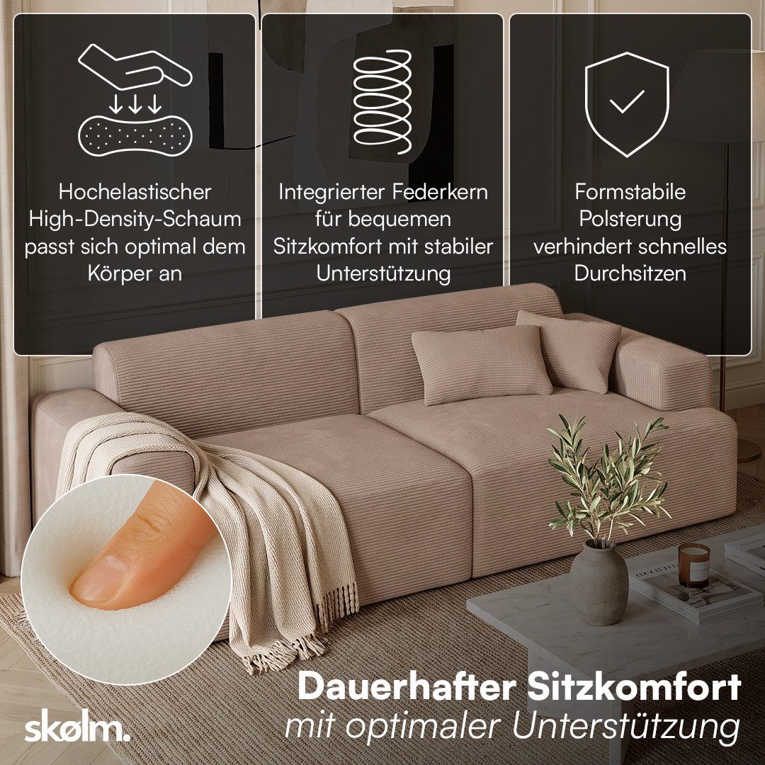 skølm Sofa Freki aus Cord, Vollschaumcouch mit Federkern und Vakuum-Kompression, Taupe, Couch 2 Sitzer mit 2 Kissen, kein Aufbau erforderlich, 230 cm breit, gepolstert, vakuumiert