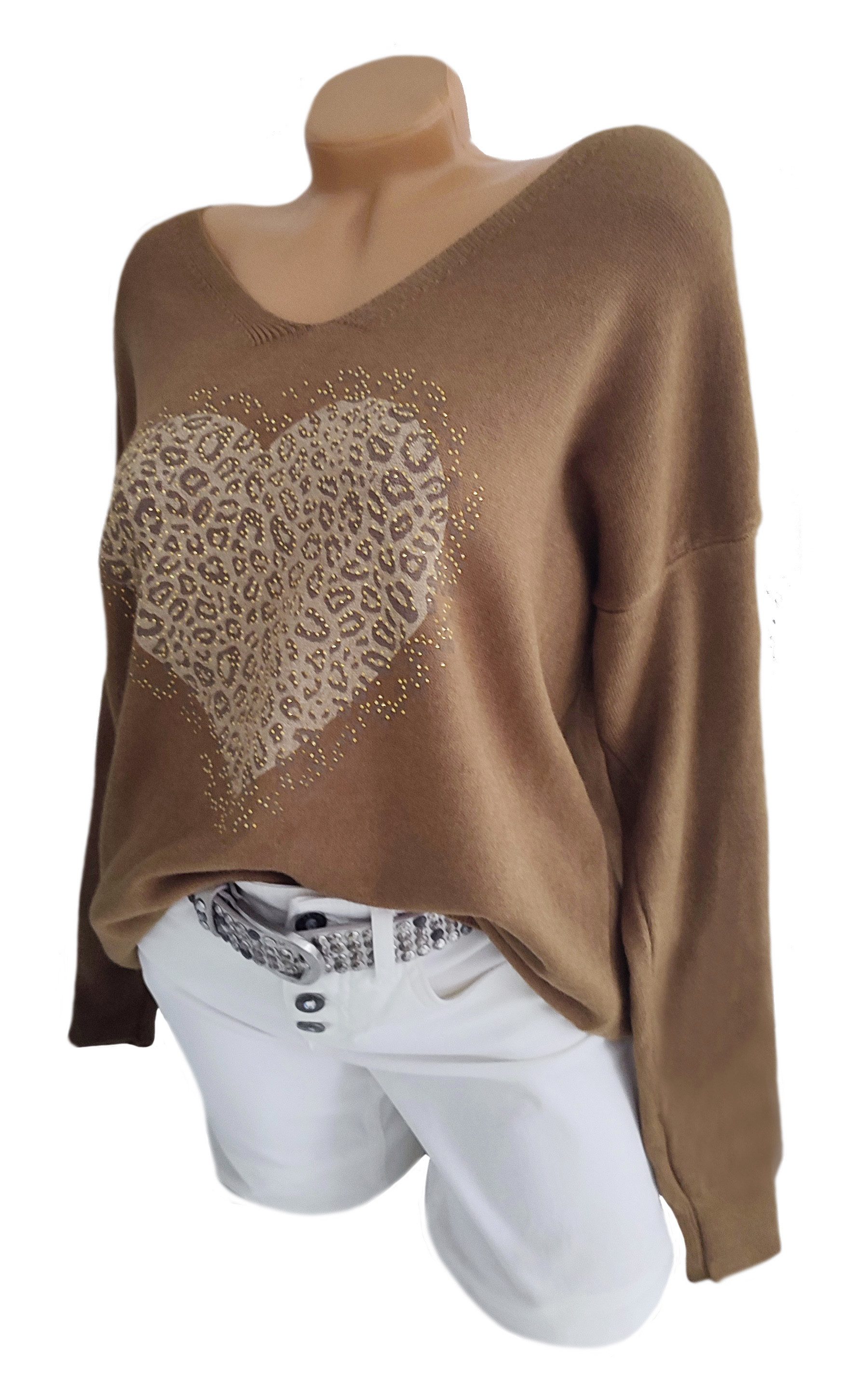 Rehoboth Moda V-Ausschnitt-Pullover mit Herz im Animal-Print und Glitzer, V günstig online kaufen