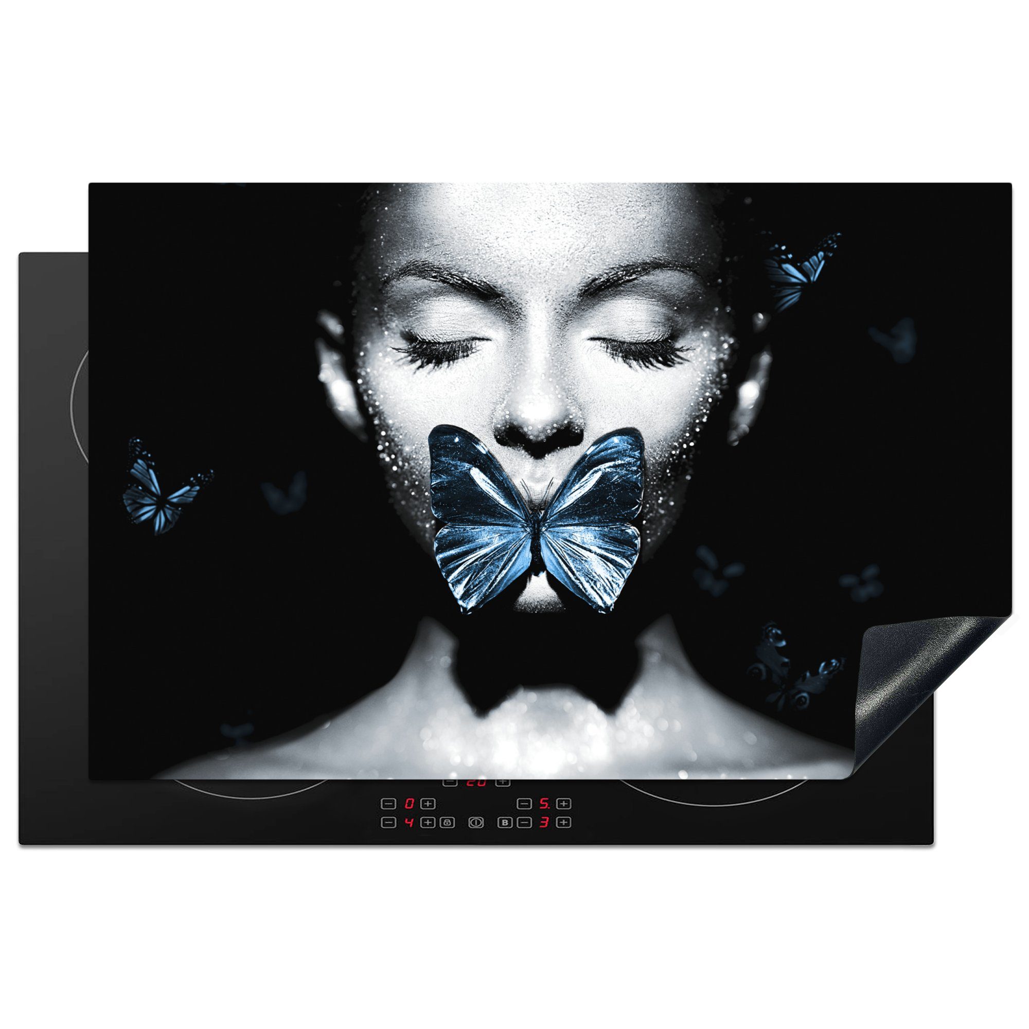 Schutz Chic, MuchoWow Schmetterling die Induktionskochfeld Ceranfeldabdeckung Frau für cm, tlg), (1 Vinyl, Herdblende-/Abdeckplatte küche, - - 81x52