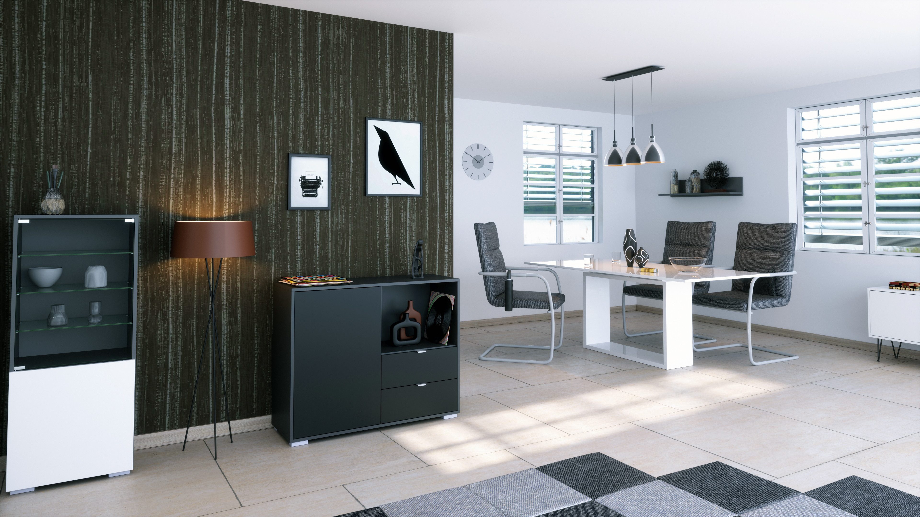 Vladon Kommode Milano (Kommode mit 1 Tür Schwarz matt, 2 Schubladen Schwarz matt, Made in Germany), Korpus Anthrazit matt (103 x 83 x 37 cm)