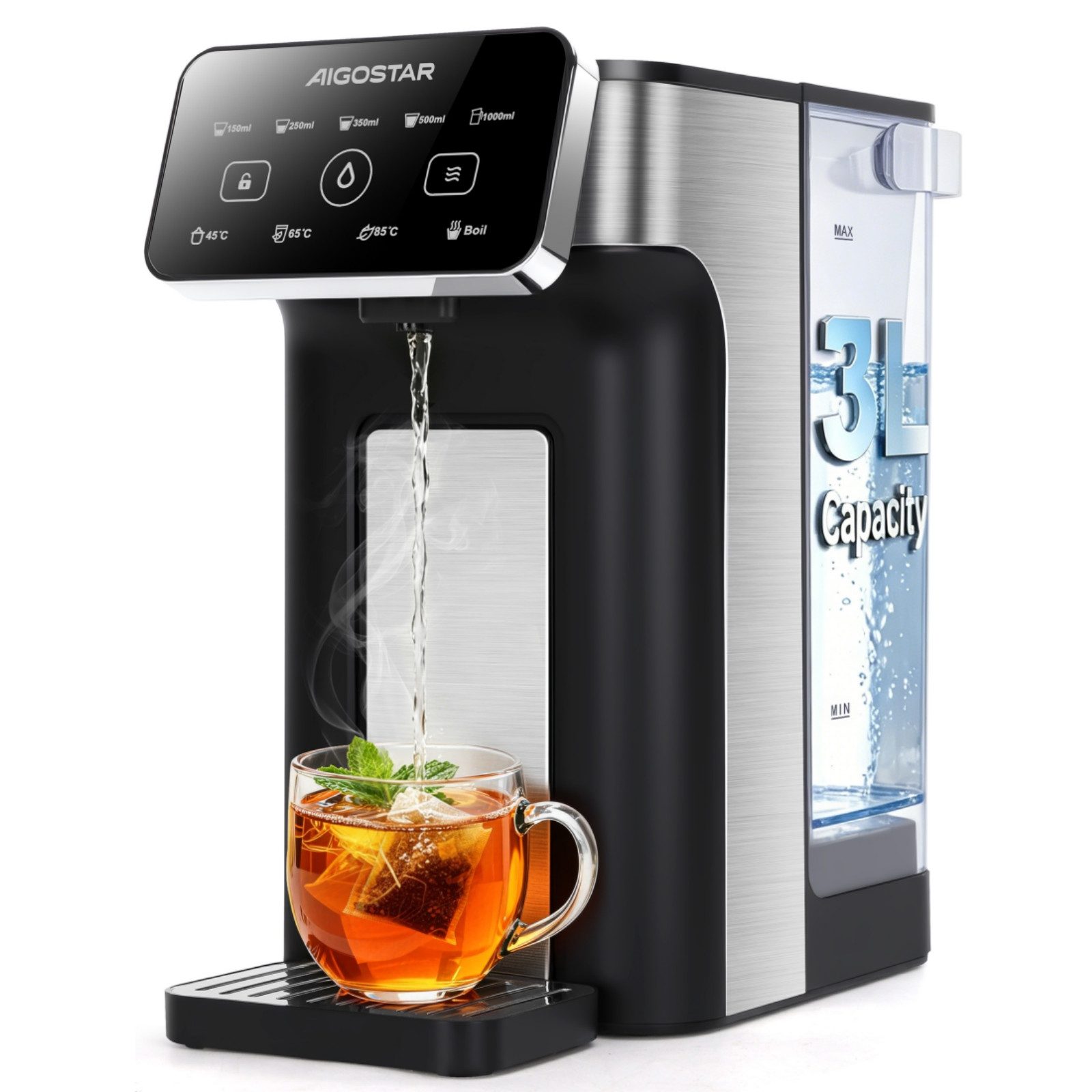 Aigostar Heißwasserspender Edelstahl 3L mit Filter-Slot, 3s Turbo Aufheizung Instant-Wasserkocher, 2600 W, 4 Temperaturstufen, Abtropfschale, kompatibel mit Brita-Filtern