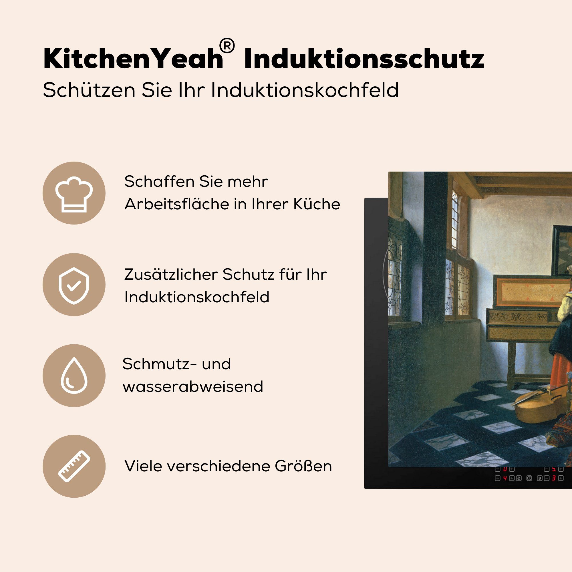 küche tlg), Vinyl, Vermeer, - Die Herdblende-/Abdeckplatte Ceranfeldabdeckung, Musikstunde Arbeitsplatte cm, 78x78 MuchoWow für Johannes (1