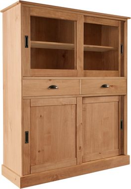 Home affaire Highboard Schröder, mit 2 Glas- u. 2 Holztüren, 2 Schubkasten, aus massivem Kiefernholz