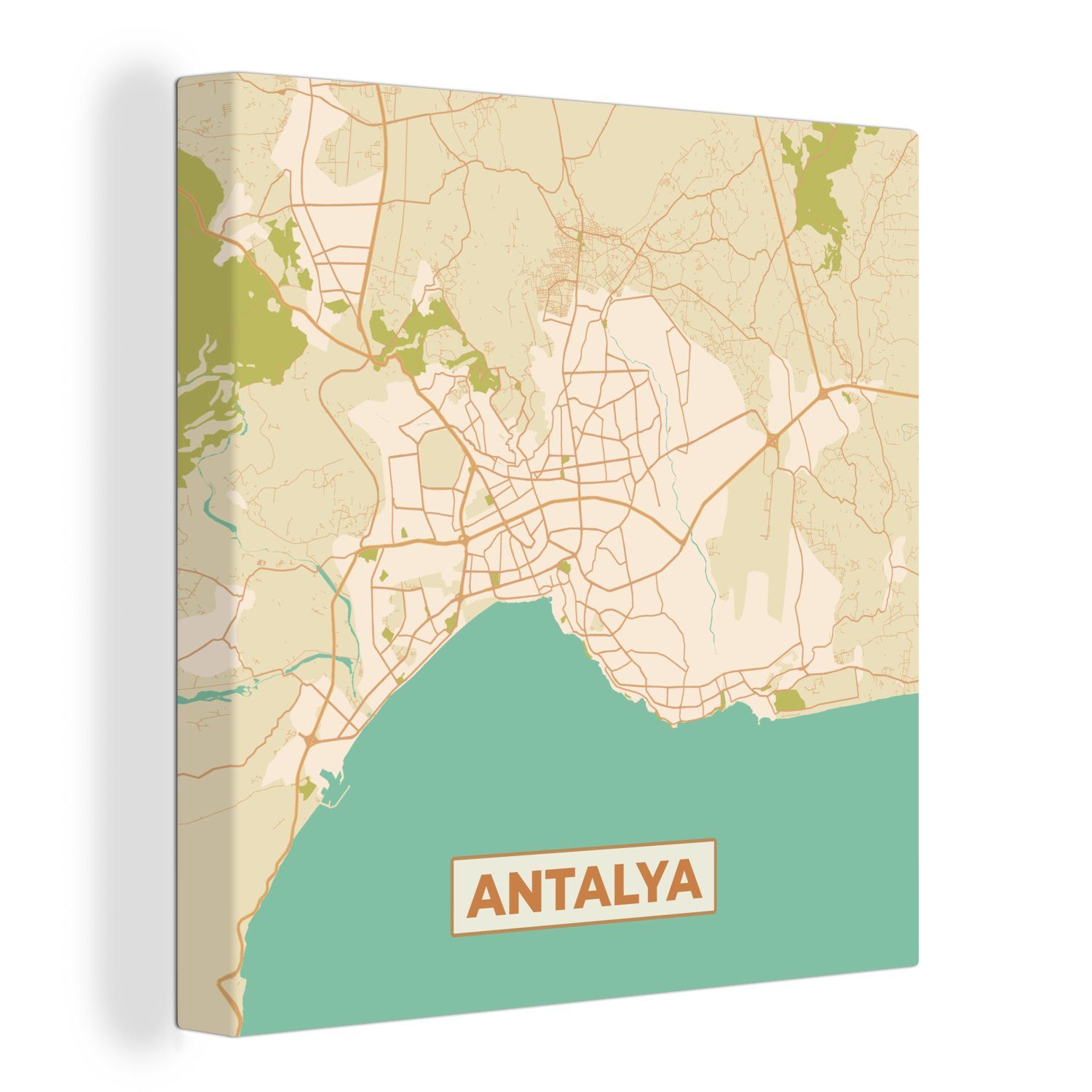 OneMillionCanvasses® Leinwandbild Karte - Antalya - Stadtplan - Vintage, (1 St), Leinwand Bilder für Wohnzimmer Schlafzimmer