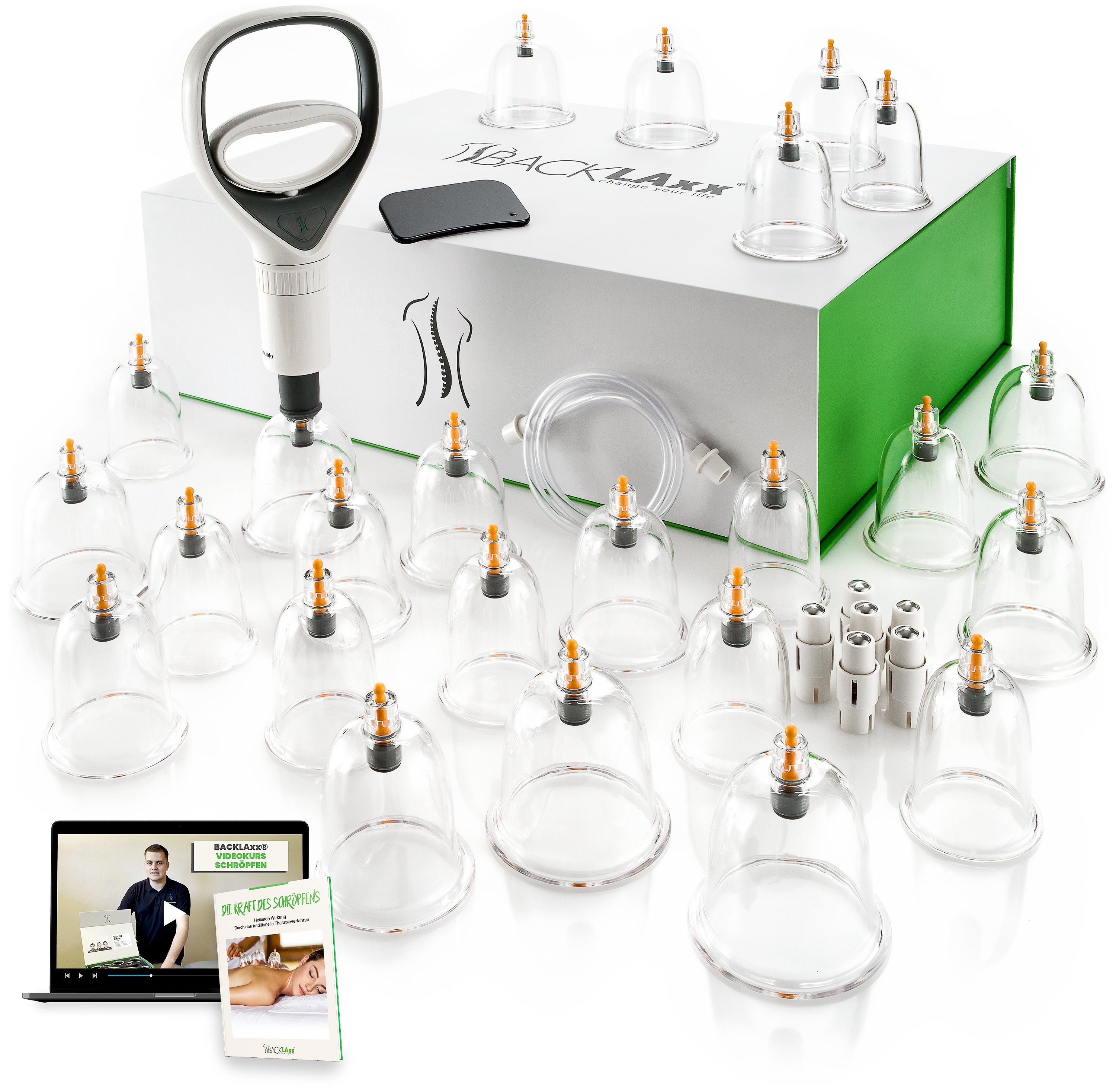 BACKLAxx® Vakuum-Massager Schröpfgläser Set mit Vakuumpumpe - Hochwertiges Schröpfset, 24x Glocken, 6x Therapiemagnete, 1x Vakuumpumpe, 1x Faszienschaber, 1x Schlauch, 1x Mikrofasertuch 24-tlg., Cupping Set, Dickwandige Gläser - inkl. Videokurs & E-Book