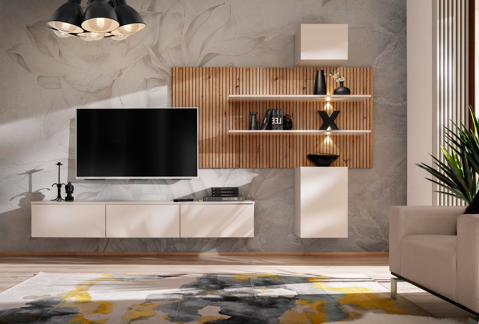 Furn.Design Wohnwand Laelia, (Set 3-teilig Kaschmir / Sand mit Eiche, 80 x 200 cm), inklusive Beleuchtung