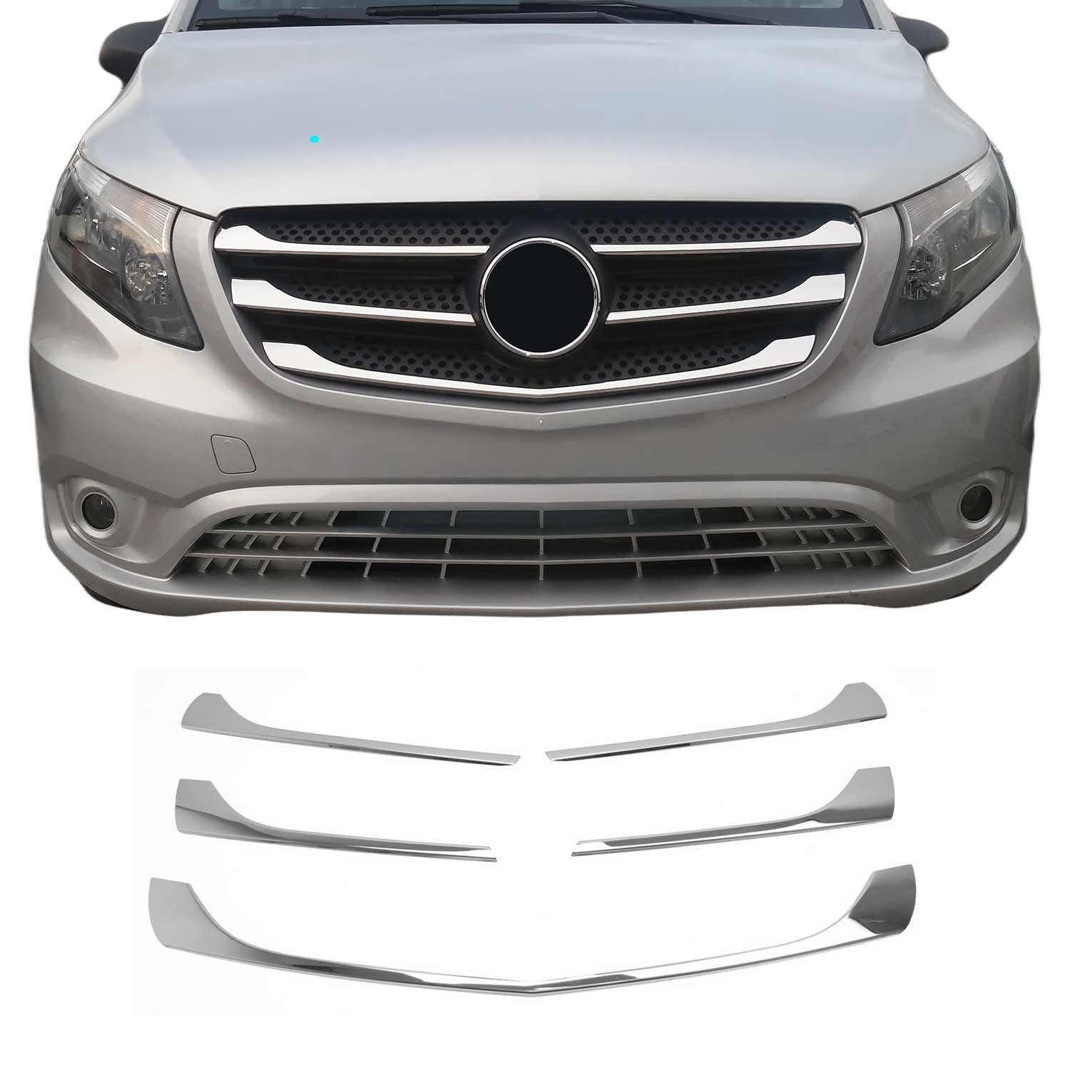 OMAC Zierleisten-Aufkleber Kühlergrill Leisten für Mercedes Vito W447 2014-2019 Chrom 5x, (5tlg), Langlebig,Einfache Reinigung,Einfache Installation,Rostbeständig