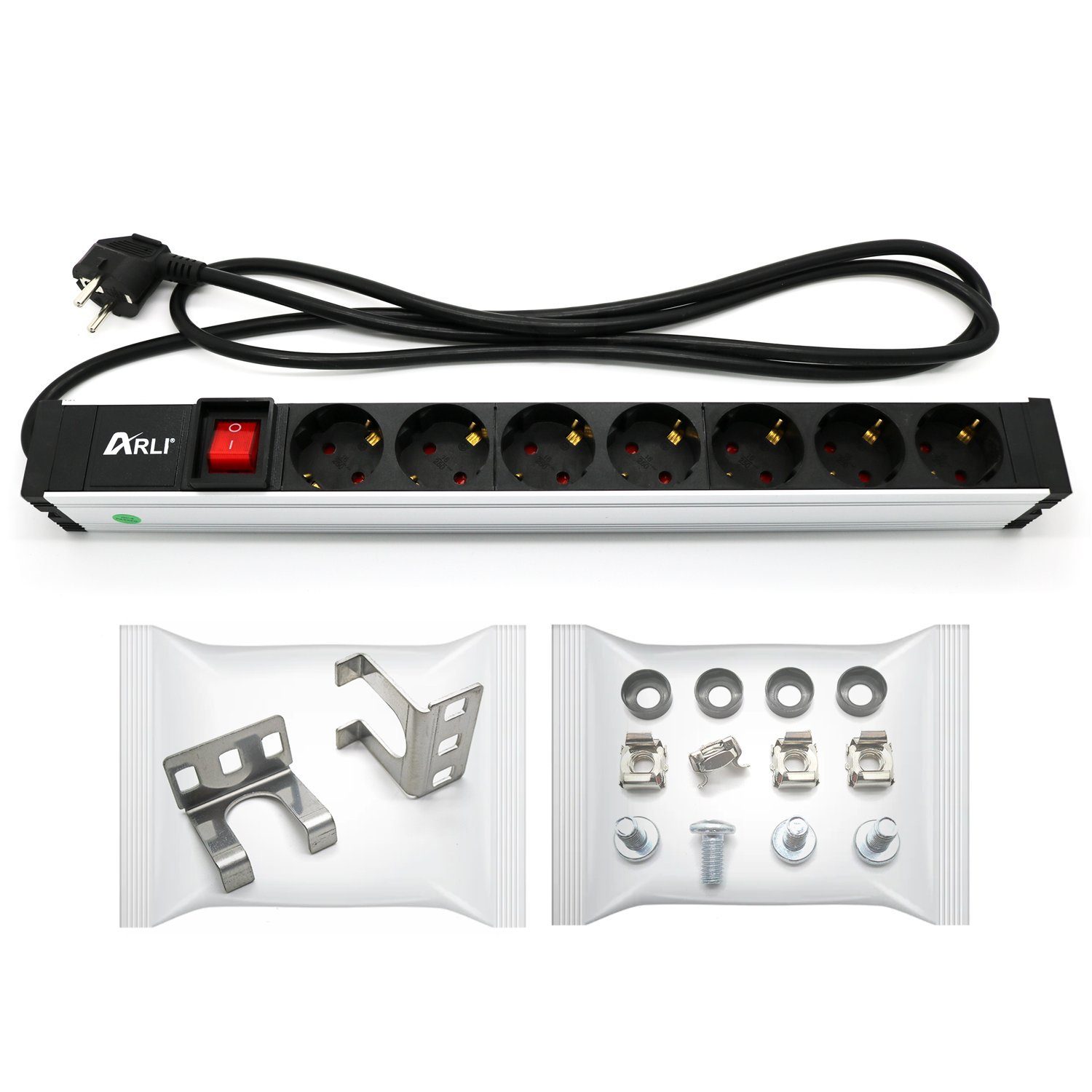 ARLI Steckdosenleiste 7 fach für Netzwerkschrank 19" Serverschrank 1U Steckdosenleiste 7-fach (Universal, Schutzkontaktsteckdosen, Kabellänge 1.5 m), An-/Ausschalter, Gehäuse aus Aluminium Profil