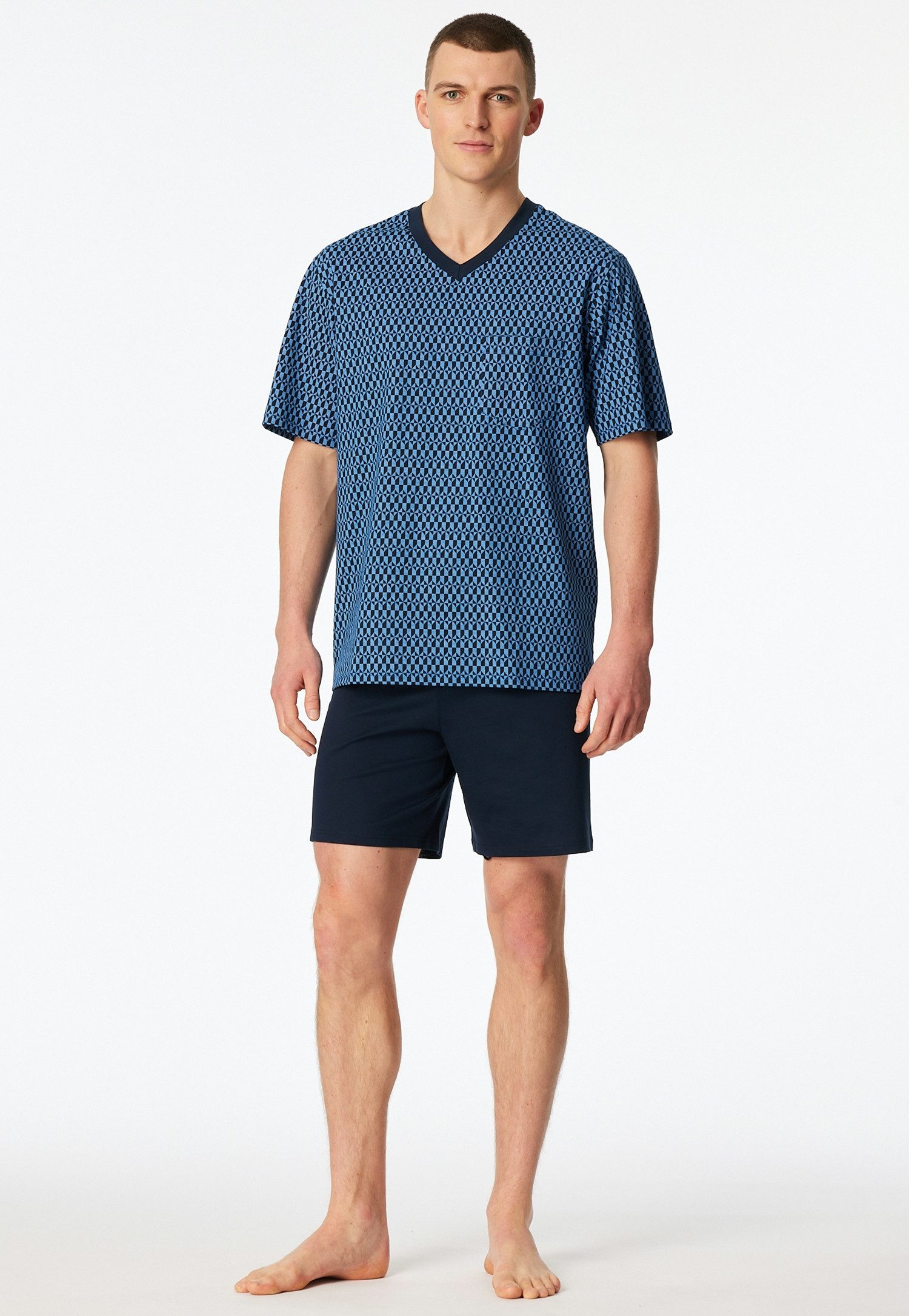 Schiesser Shorty Comfort Nightwear (2 tlg) mit klassischem Karo-Muster, V-Ausschnitt und aufgesetzter Brusttasche