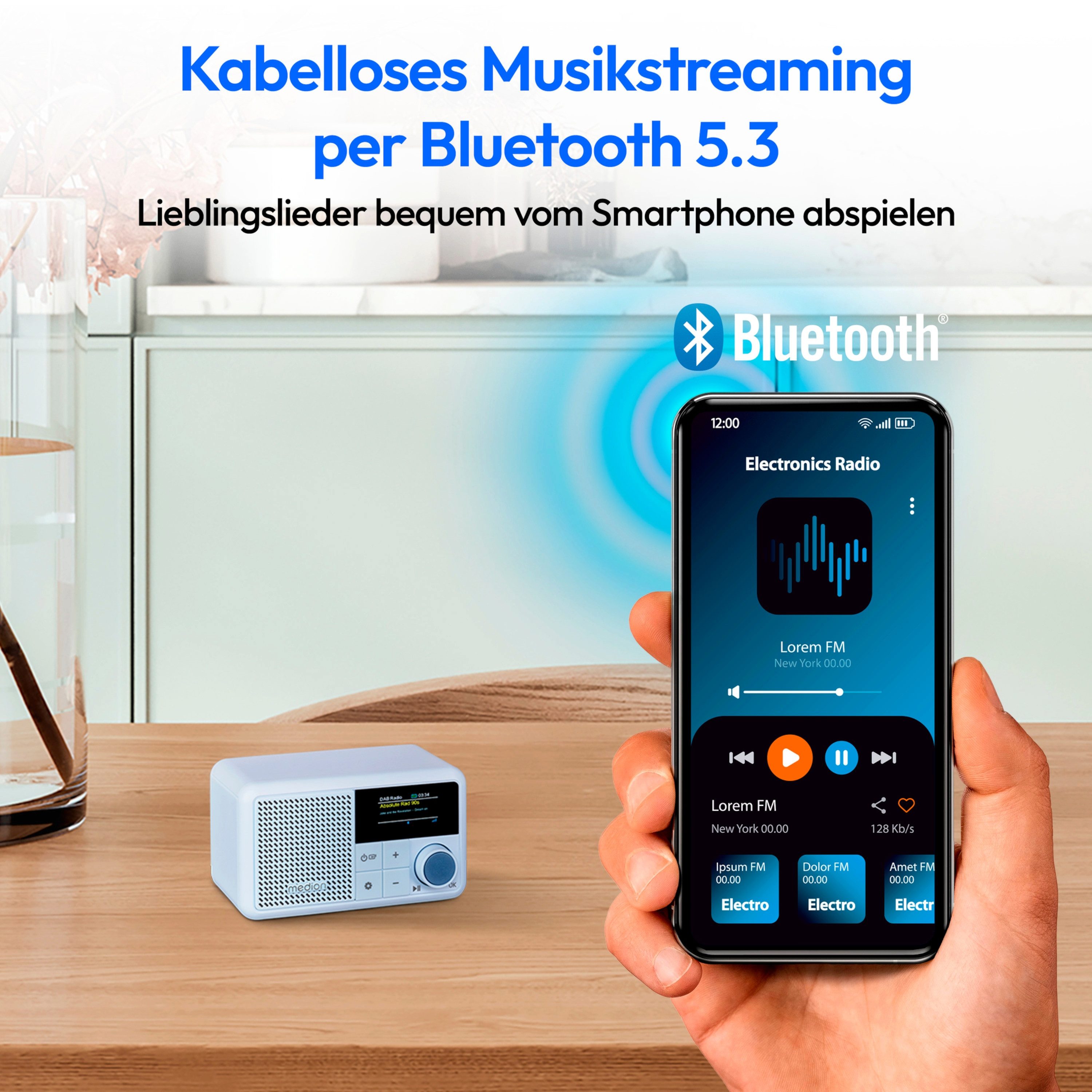 Medion® Tragbares DAB+ Radio MEDION® LIFE® S66822 (MD44822) Radio (MW/UKW, AM/FM, DAB+, RDS, 2 W, ca. 6,5 Akkulaufzeit, Farb-TFT-Display, Bluetooth® 5.3, IPX1-Schutz)