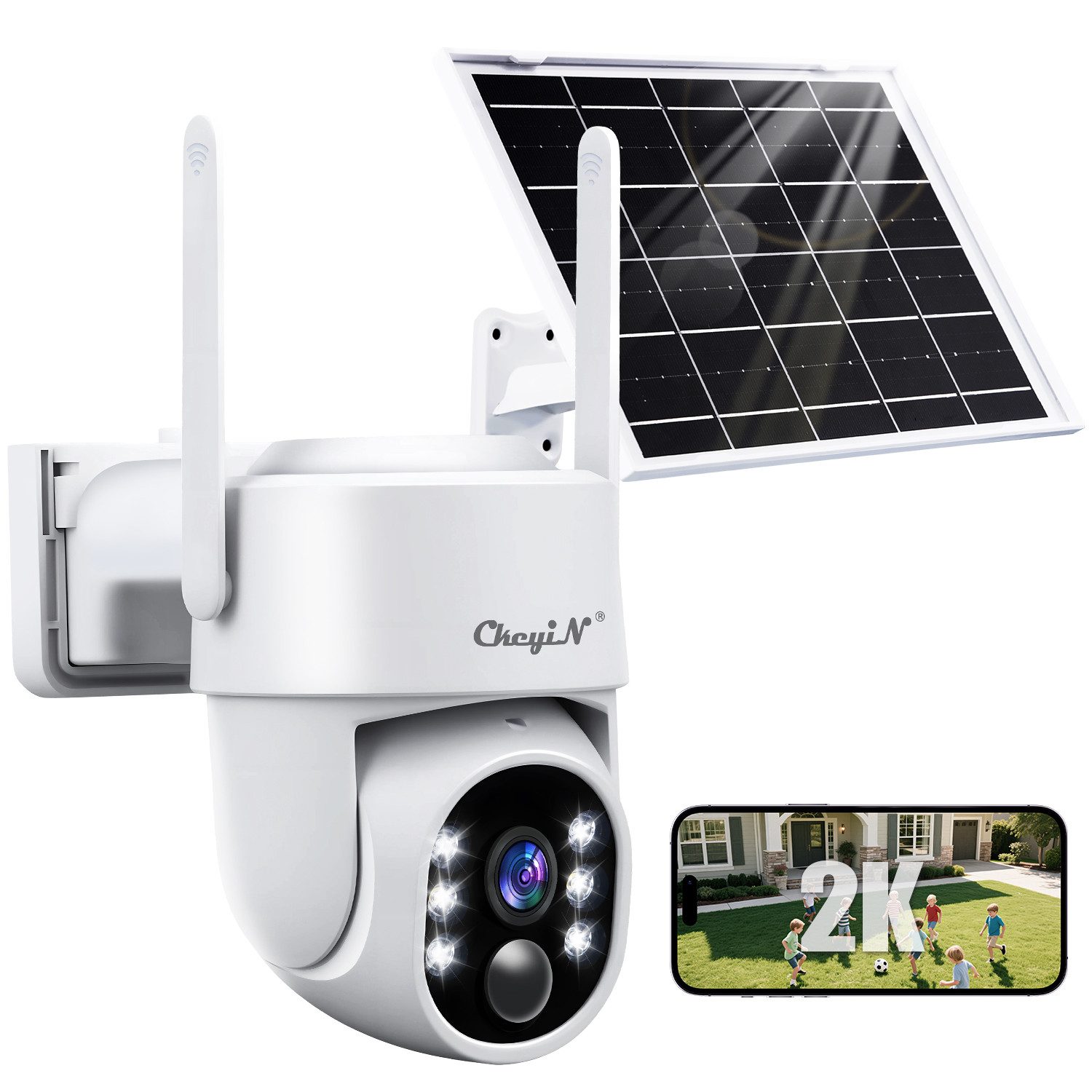 CkeyiN Überwachungskamera außen 360° Solar PTZ Überwachungskamera, 2,4G‑WLAN, 4MP (2K QHD) (Außenbereich, Solarenergieüberwachung, Farbnachtsicht PIR‑Bewegungserkennung 2-Wege-Audio IP65 Wasserdicht)