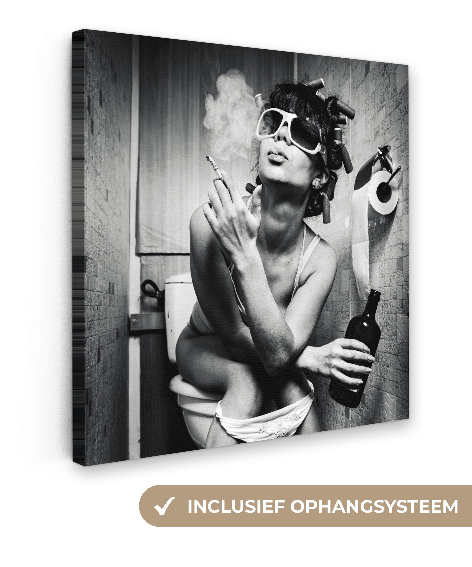OneMillionCanvasses® Leinwandbild Frau - Vintage - Lockenwickler - Toilette - Zigarette, Fotodruck (1 St), Wandbild, Deko Schlafzimmer Wohnzimmer Flur 20x20 cm