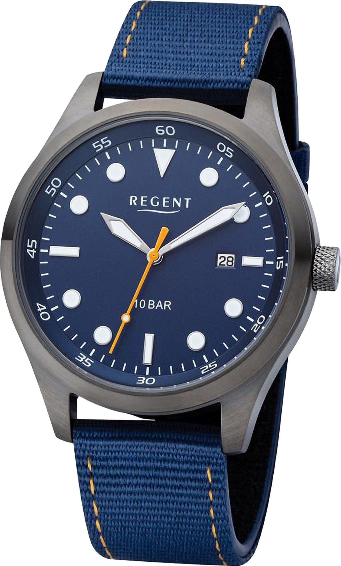 Regent Quarzuhr Regent Herren Armbanduhr Analog, (Analoguhr), Herren Armbanduhr rund, extra groß (ca. 42mm), Textilarmband