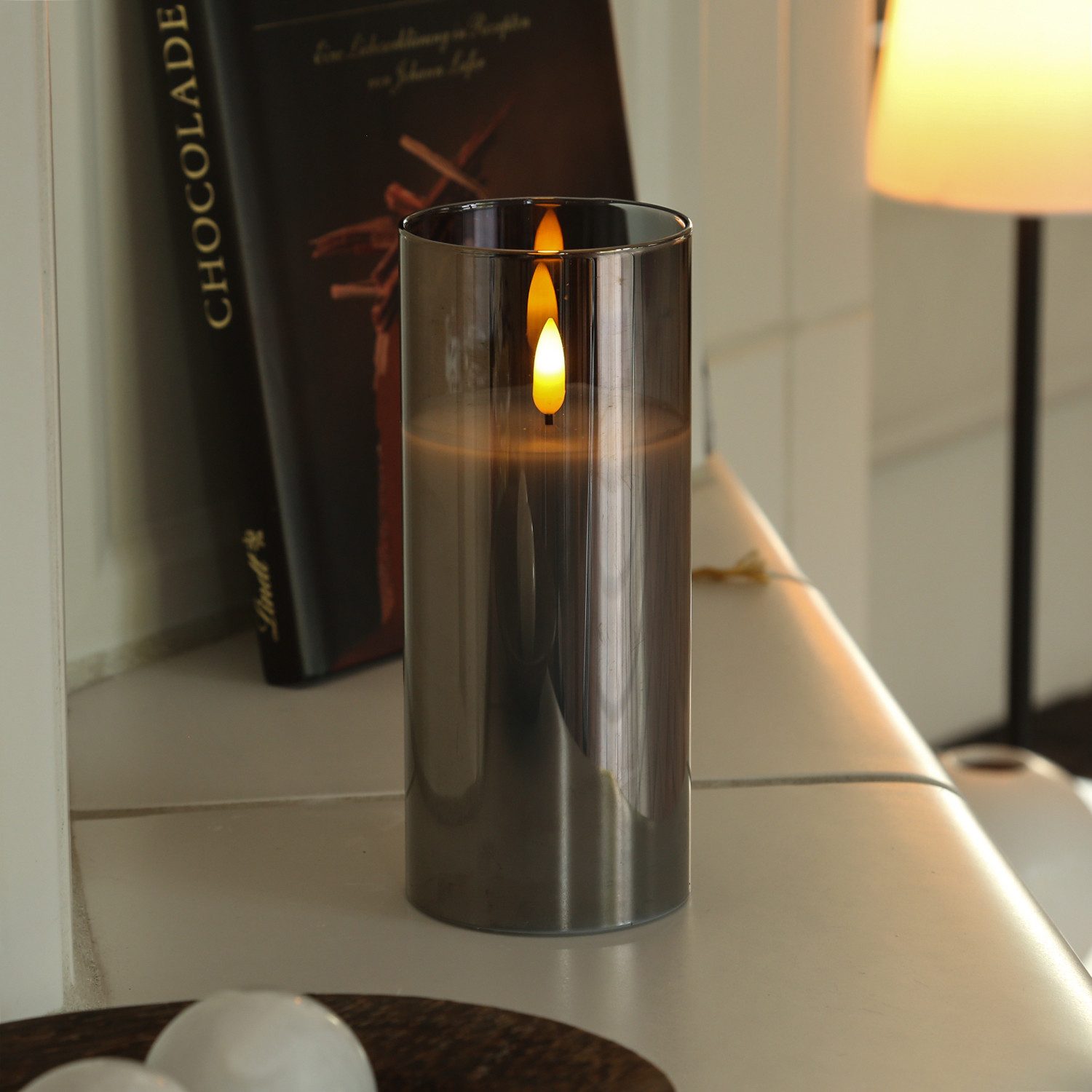 MARELIDA LED-Kerze im Glas LED Windlicht Echtwachs flackernd Timer H: 17,5cm grau