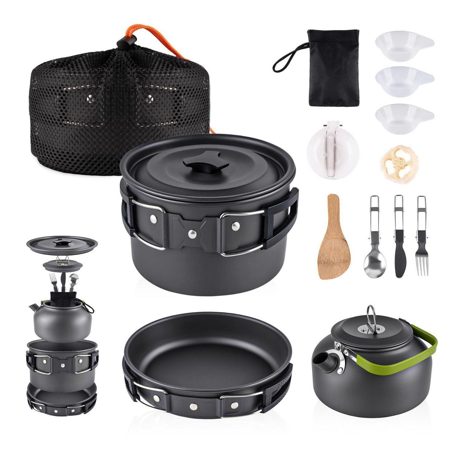 LuxusKollektion Geschirr-Set Camping Kochgeschirr Set 12tlg Aluminium Schwarz, Metall