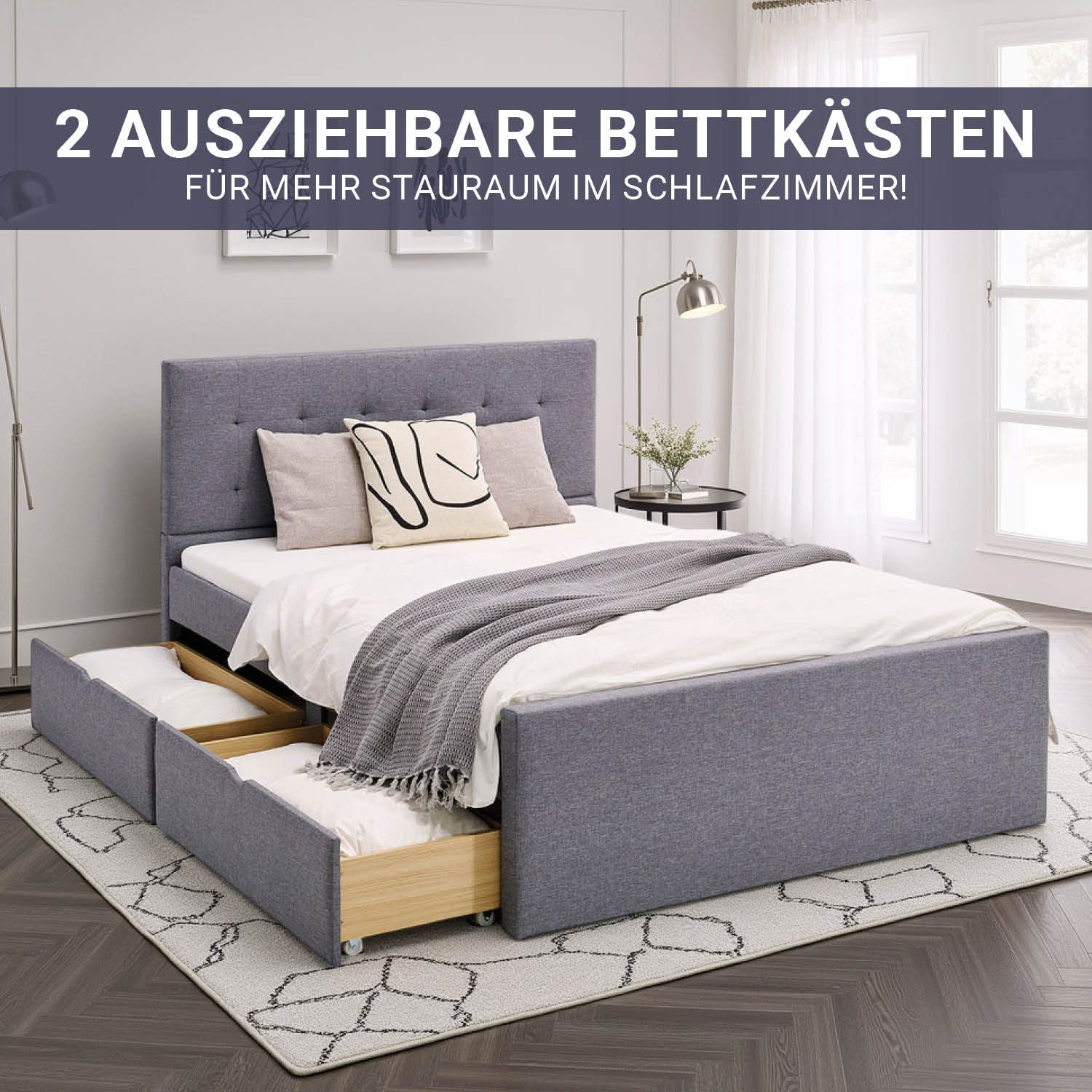 Homestyle4u Polsterbett 90x200 120x200 140x200 Doppelbett Bettgestell Stauraum mit Kopfteil (Set, Set, mit 2 Bettkästen / Schubläden), 120x200, mit Stauraum