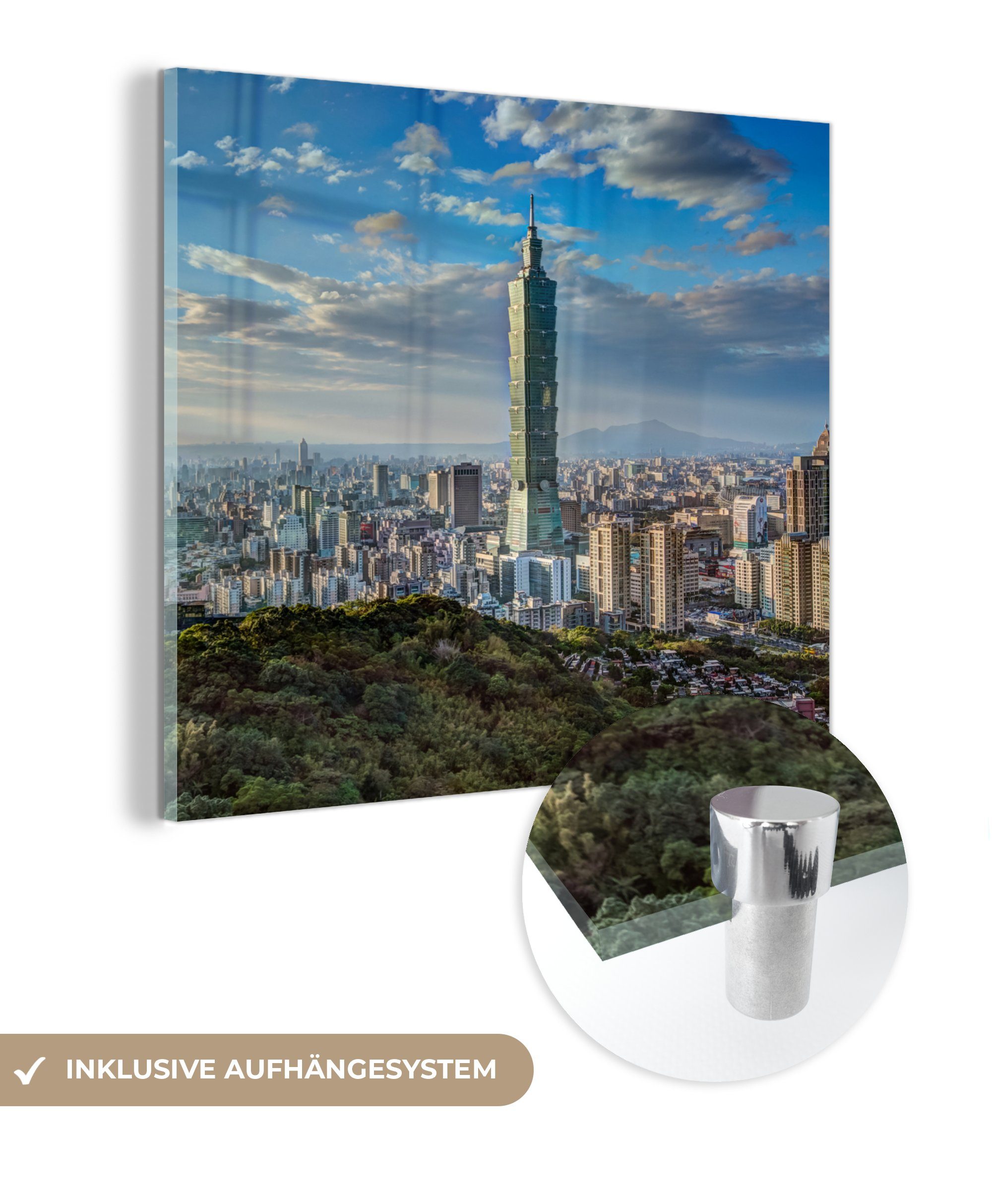 MuchoWow Acrylglasbild Der Taipei 101 in Taiwan am Nachmittag, (1 St), Glasbilder - Bilder auf Glas Wandbild - Foto auf Glas - Wanddekoration