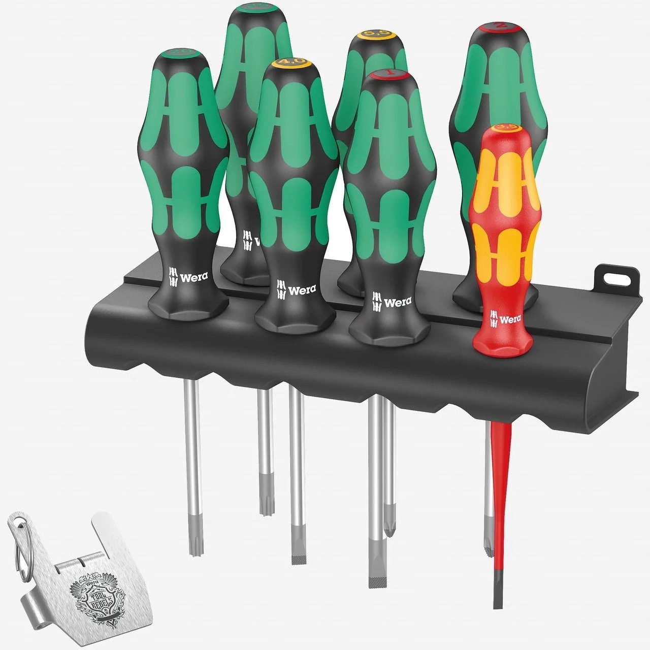 Wera Schraubendreher Schraubendreher-Set 7-teilig – Kraftform Plus Griff – Lasertip, (Set, 8 St), „Take it easy“ Werkzeugfinder – inkl. Tool Rebel Flaschenöffner